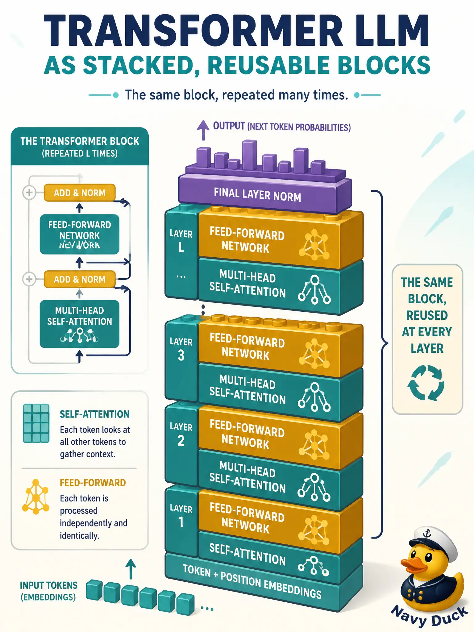 To Create an exciting colorful infographic that explains the concepts in the question: Question: A spice-mill captioner asks what is actually stacked inside the language model that will later sit beside stills. What is the reusable transformer unit? Correct Answer: Self-attention together with the feed-forward block as the repeated unit. Put EVERY visible label in double quotes. No people. No A/B/C/D letters. In one of the four corners put a little "Navy Duck".