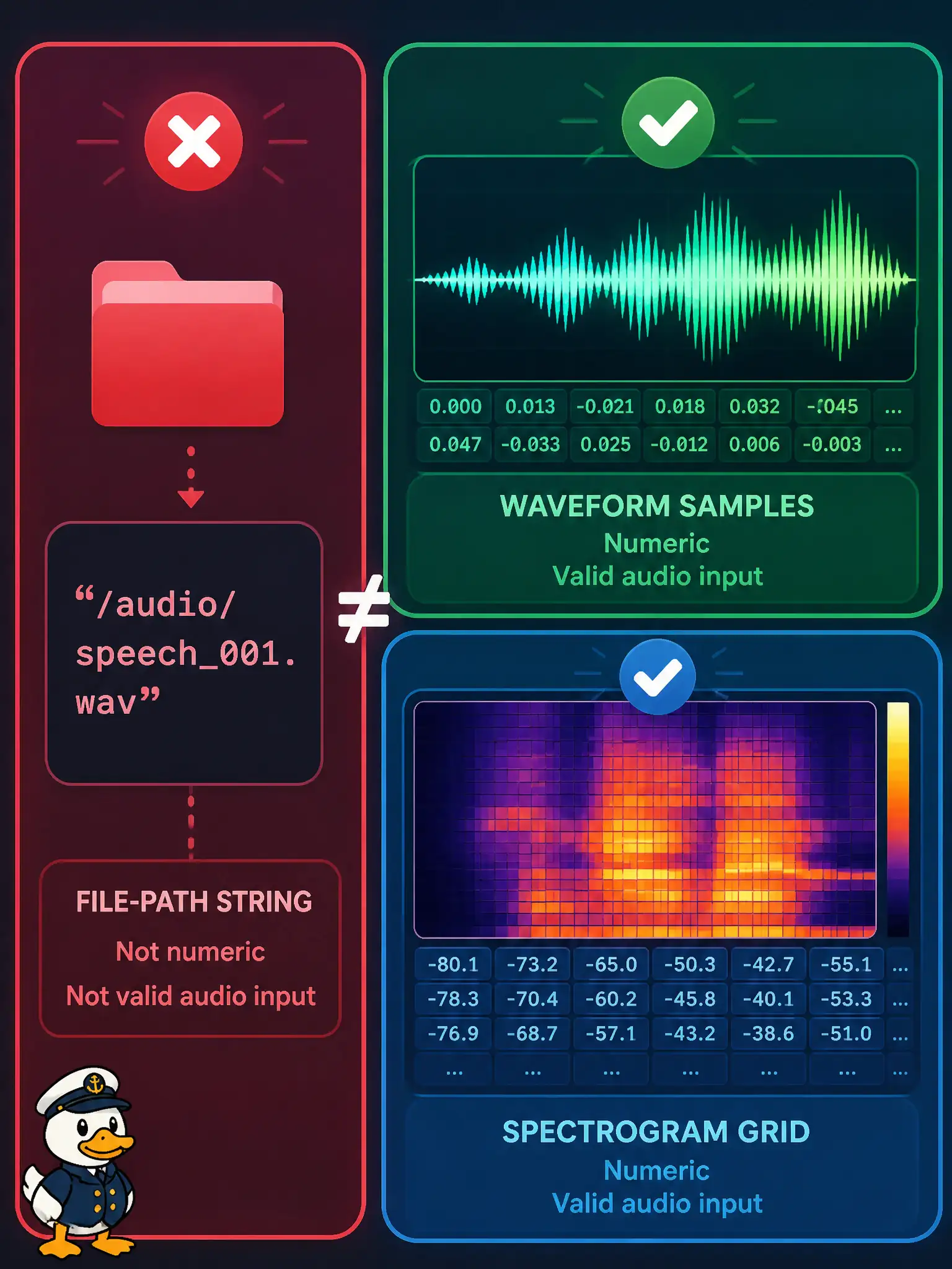 To Create an exciting colorful infographic that explains the concepts in the question: Question: A soap-boiling shed records the kettle and a volunteer passes only the recording’s filename string into a speech model. What must happen before the model can run? Correct Answer: Provide a numeric audio form such as waveform samples or a spectrogram. Put EVERY visible label in double quotes. No people. No A/B/C/D letters. In one of the four corners put a little "Navy Duck".