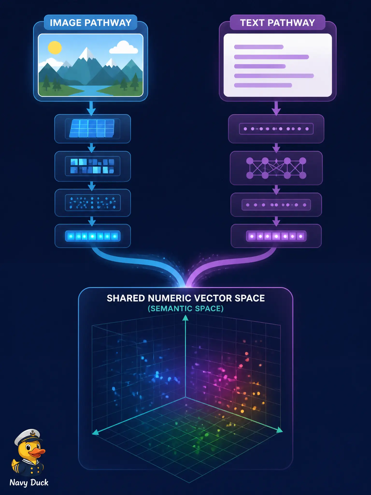 To Create an exciting colorful infographic that explains the concepts in the question: Question: A wax-seal archive has a seal photo in pixels and a motto in tokens. What readiness goal must both sides meet before a joint model can score a match? Correct Answer: Both sides must be encoded into a comparable numeric space (vectors a joint model can compare). Put EVERY visible label in double quotes. No people. No A/B/C/D letters. In one of the four corners put a little "Navy Duck".