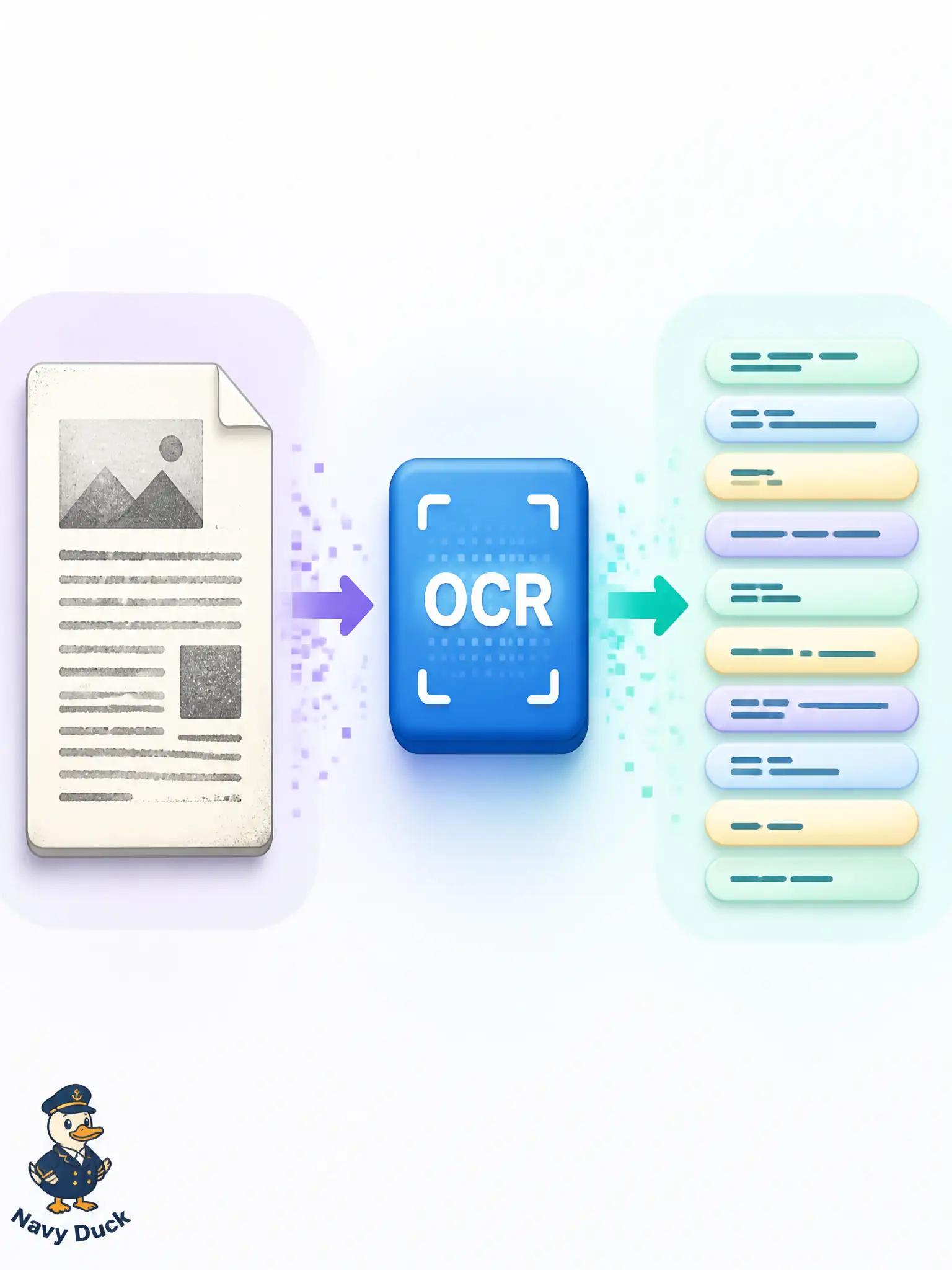 To Create an exciting colorful infographic that explains the concepts in the question: Question: A piano-action shop’s parts catalog is a scanned PDF page. Which readiness step turns that page into text a network can use? Correct Answer: Optical character recognition (OCR) to recover text from the scan. Put EVERY visible label in double quotes. No people. No A/B/C/D letters. In one of the four corners put a little "Navy Duck".