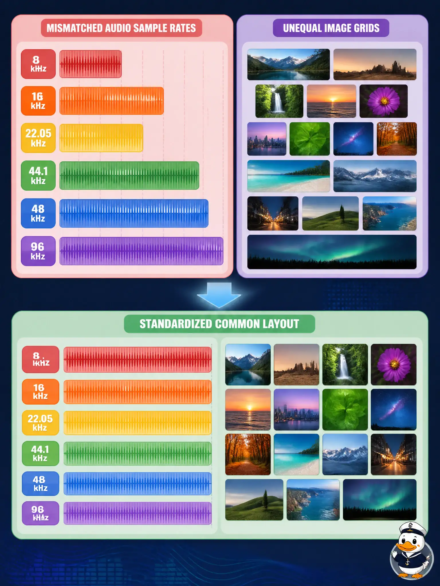 To Create an exciting colorful infographic that explains the concepts in the question: Question: A pearl-boat locker mixes 8 kHz radio clips with 48 kHz deck recordings and stills of three different sizes. Why is this collection not yet network-ready? Correct Answer: Because mismatched sample rates and resolutions lack a common numeric layout until they are standardized. Put EVERY visible label in double quotes. No people. No A/B/C/D letters. In one of the four corners put a little "Navy Duck".