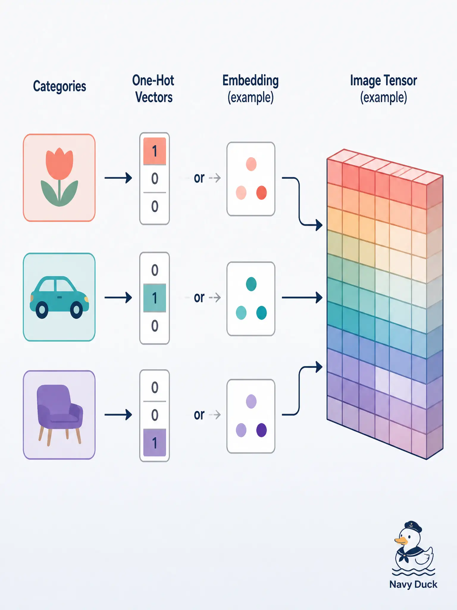 To Create an exciting colorful infographic that explains the concepts in the question: Question: An ice-fishing shack tags each hole photo “safe,” “thin,” or “open water.” How should those categorical tags be made neural-network ready for a training loss? Correct Answer: Convert them into a numeric label form such as a one-hot vector or a small embedding. Put EVERY visible label in double quotes. No people. No A/B/C/D letters. In one of the four corners put a little "Navy Duck".