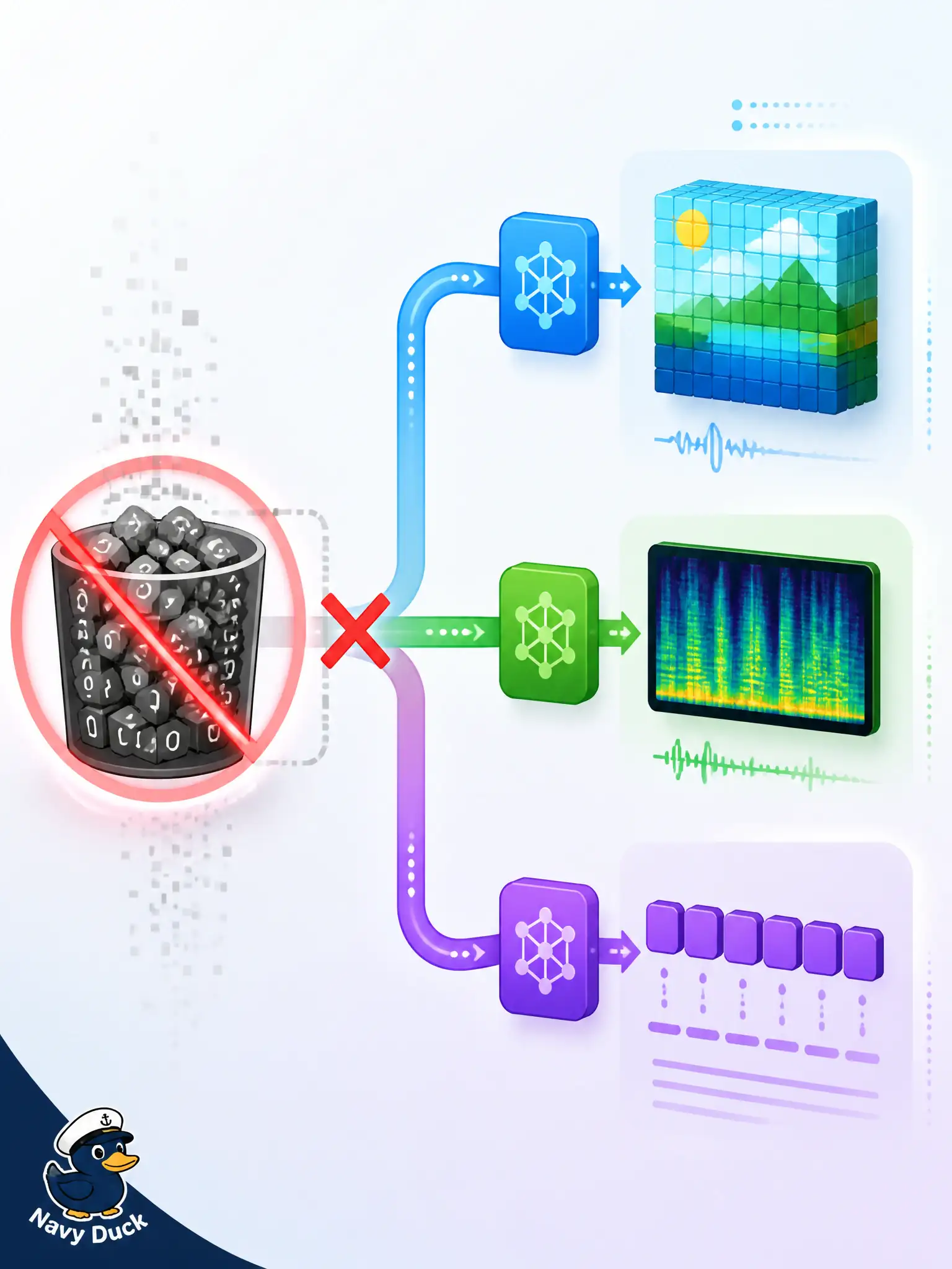 To Create an exciting colorful infographic that explains the concepts in the question: Question: A silversmith dumps whole file blobs—PDF bytes, WAV bytes, camera bytes—into one array and calls it multimodal input. What is wrong with that approach? Correct Answer: Raw bytes are not neural-network ready without a per-modality decode into tensors or tokens. Put EVERY visible label in double quotes. No people. No A/B/C/D letters. In one of the four corners put a little "Navy Duck".