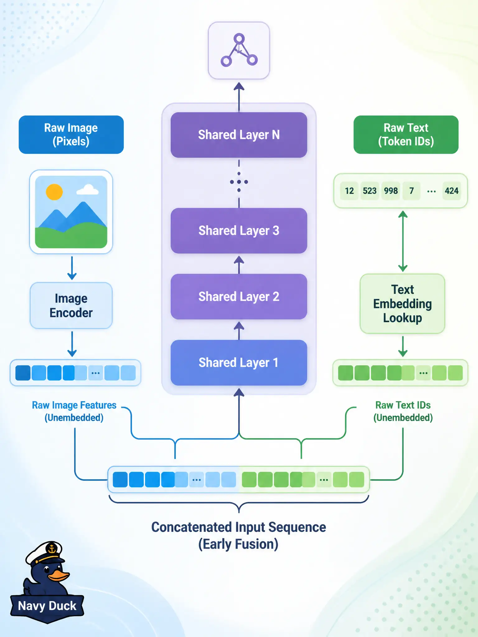 To Create an exciting colorful infographic that explains the concepts in the question: Question: A bone-china studio concatenates raw pixel values next to raw token ids and feeds that concat into one stack. Which fusion type is that? Correct Answer: Early fusion: modalities meet at the input before each has its own deep stack. Put EVERY visible label in double quotes. No people. No A/B/C/D letters. In one of the four corners put a little "Navy Duck".