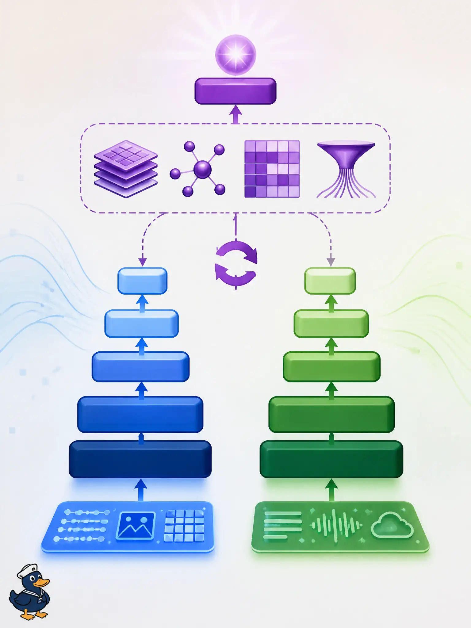 To Create an exciting colorful infographic that explains the concepts in the question: Question: An ink-making shop already trusts a stills grader and a smell-note grader and only needs a final mix. Updating one specialist must not retrain the other. Which fusion choice best fits? Correct Answer: Late fusion, so independent modality models remain swappable. Put EVERY visible label in double quotes. No people. No A/B/C/D letters. In one of the four corners put a little "Navy Duck".