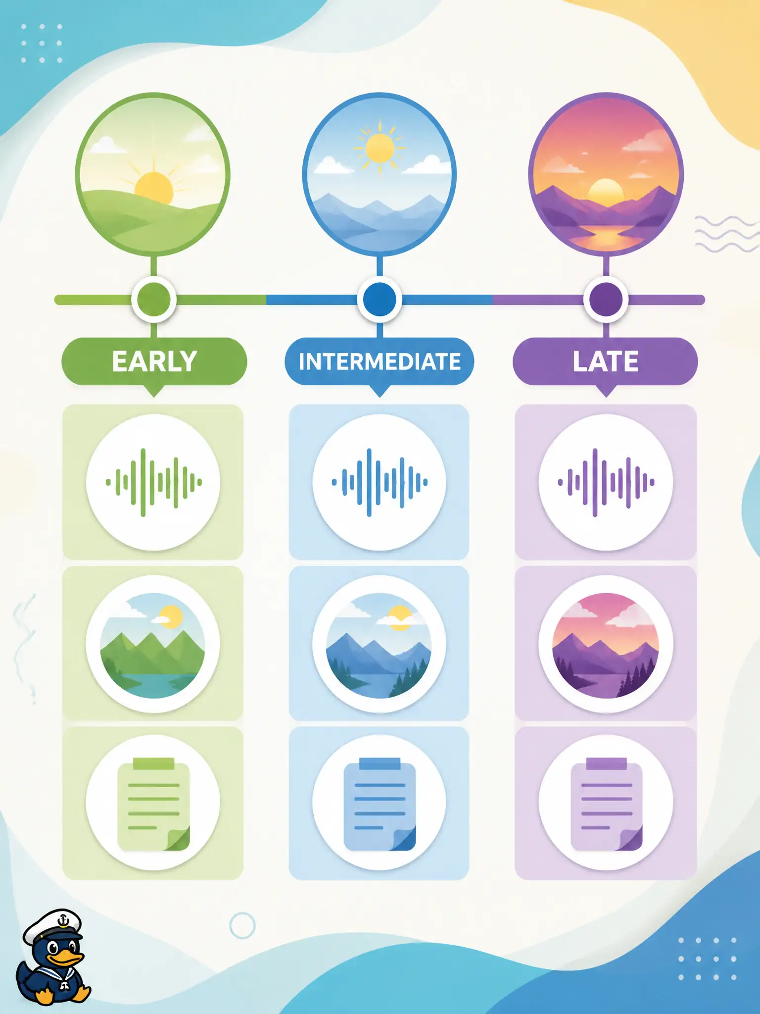 To Create an exciting colorful infographic that explains the concepts in the question: Question: A tea-tasting room has a spoken comment, a liquor photo, and a tasting slip. As a design concept, how do the three fusion types join those modalities? Correct Answer: Early joins low-level features at input, late combines finished specialist outputs, and intermediate merges mid-level codes before the head—each pattern extends to three streams. Put EVERY visible label in double quotes. No people. No A/B/C/D letters. In one of the four corners put a little "Navy Duck".