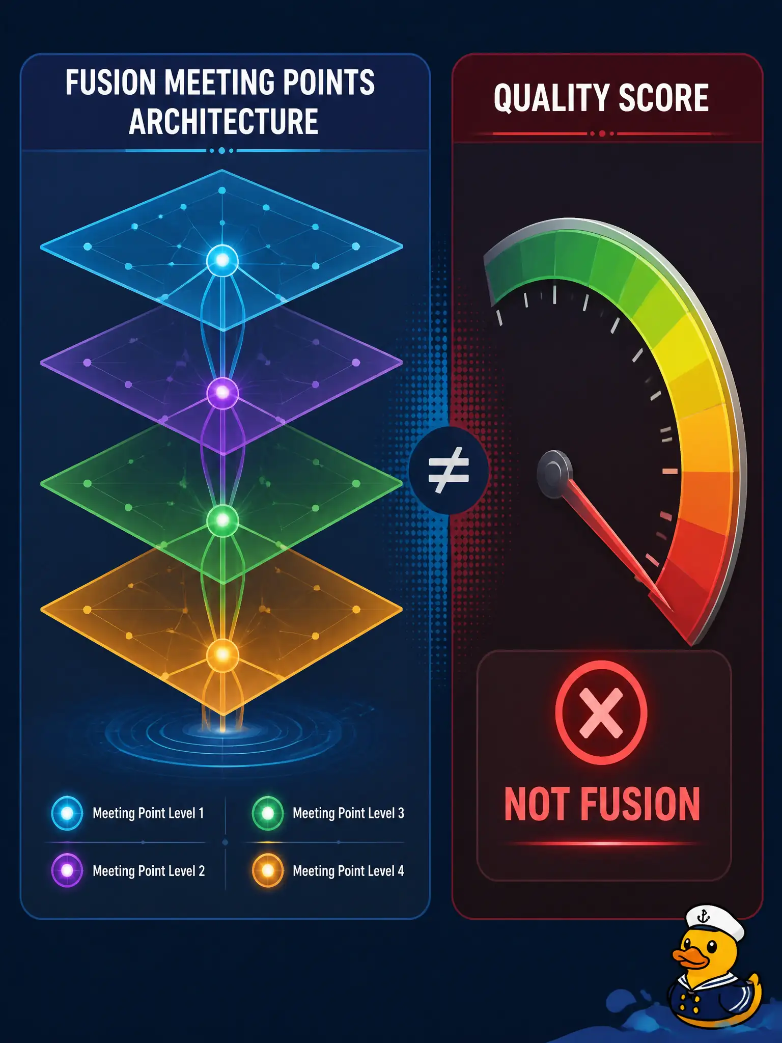 To Create an exciting colorful infographic that explains the concepts in the question: Question: A pulley-block shop intern calls “late fusion” the name of a sharper picture. What correction is needed? Correct Answer: Correct: fusion names where streams meet in the architecture, not a quality or alignment metric. Put EVERY visible label in double quotes. No people. No A/B/C/D letters. In one of the four corners put a little "Navy Duck".