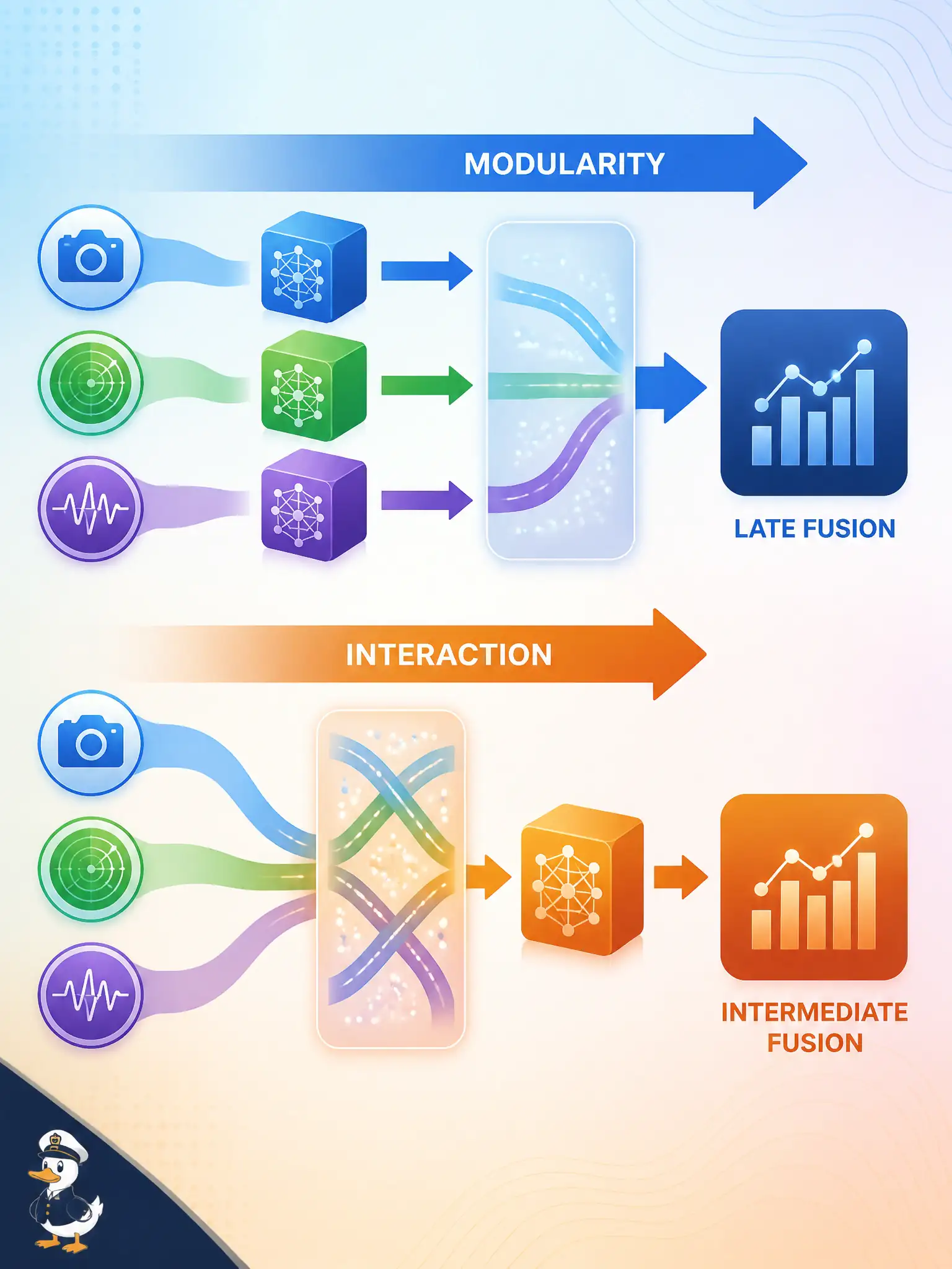 To Create an exciting colorful infographic that explains the concepts in the question: Question: An ice-house must choose a fusion type. Leadership either wants to “swap the stills model next month without touching text” or needs “the caption to point at a region.” How should those constraints map? Correct Answer: Modularity maps to late fusion; required cross-modal interaction maps to intermediate fusion. Put EVERY visible label in double quotes. No people. No A/B/C/D letters. In one of the four corners put a little "Navy Duck".