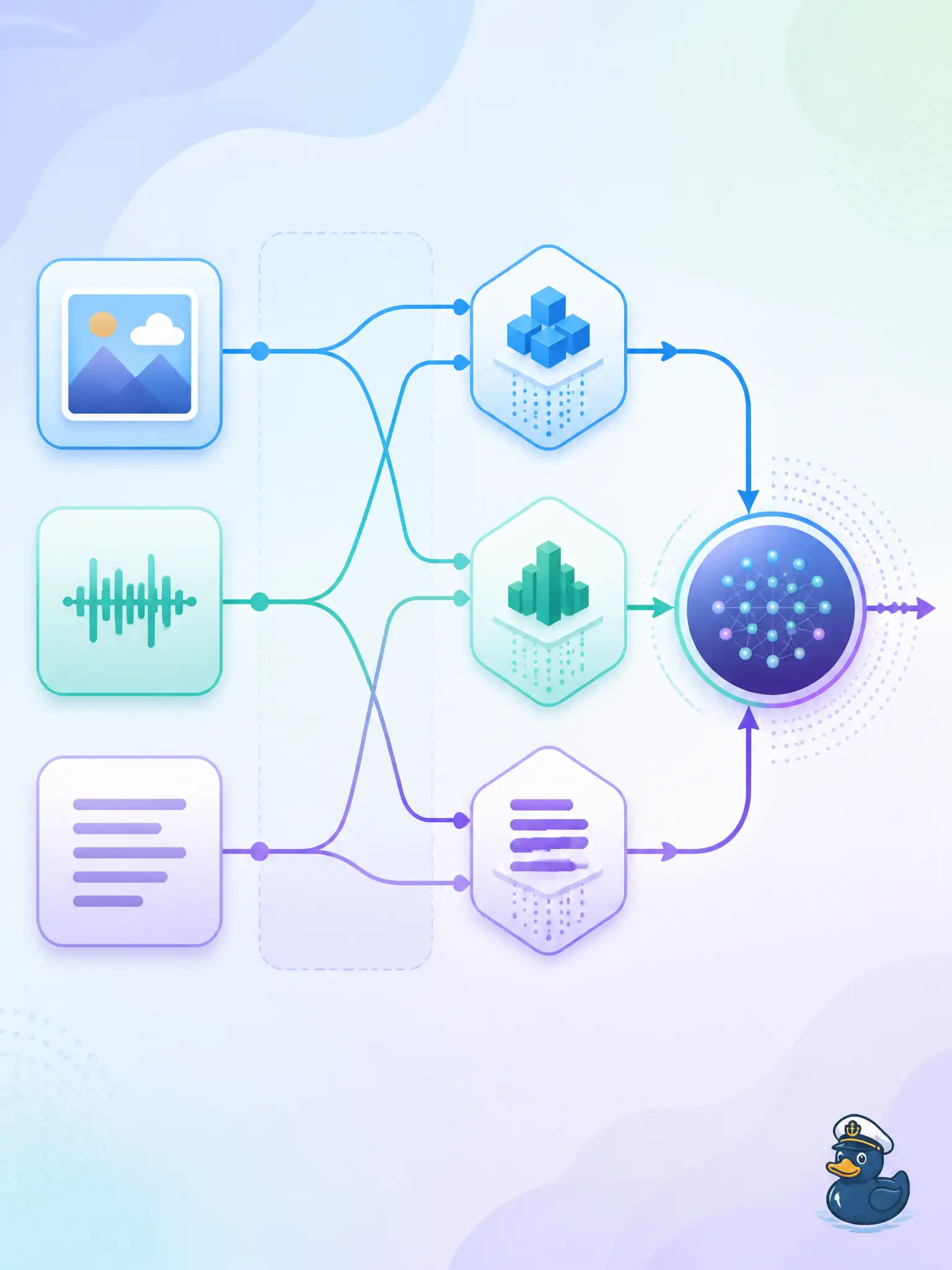 To Create an exciting colorful infographic that explains the concepts in the question: Question: A ferry-ticket office has a still of a pass, a spoken request, and a typed note. Something must decide which encoder each stream enters and when those streams may meet. What is that routing of data types called? Correct Answer: Modality orchestration: scheduling and routing modalities through encoders and fusion. Put EVERY visible label in double quotes. No people. No A/B/C/D letters. In one of the four corners put a little "Navy Duck".