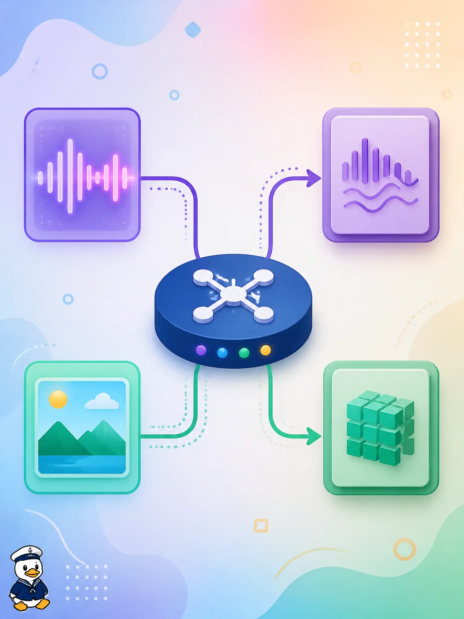 To Create an exciting colorful infographic that explains the concepts in the question: Question: An ice-climbing hut sometimes has only a spoken condition report and sometimes only a slope photo. A router sends the available type to the matching encoder. What is that pattern? Correct Answer: Modality orchestration: routing by data type (speech versus still) to the matching encoder. Put EVERY visible label in double quotes. No people. No A/B/C/D letters. In one of the four corners put a little "Navy Duck".