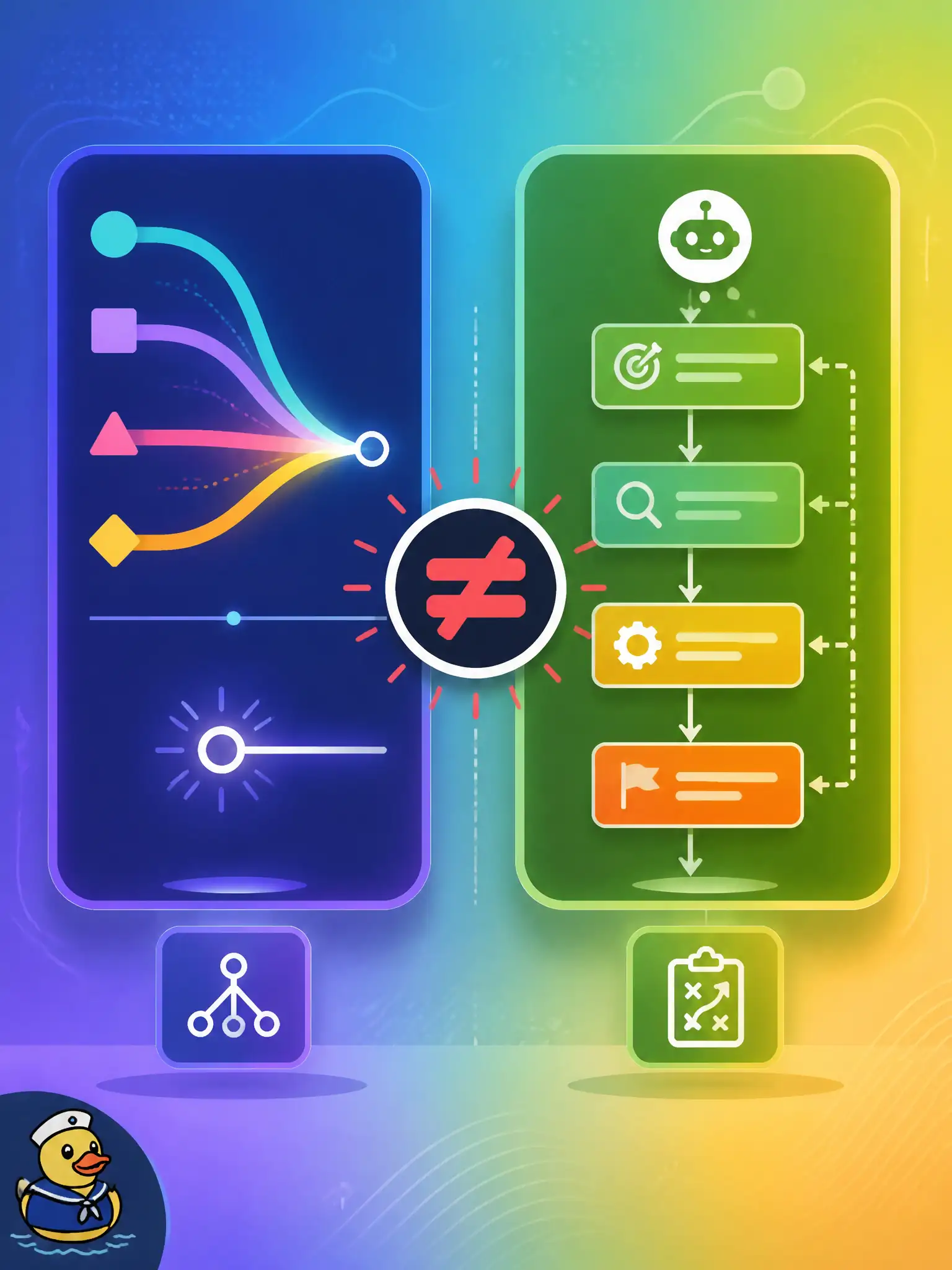 To Create an exciting colorful infographic that explains the concepts in the question: Question: A lantern-maker intern points at an intermediate concat layer and says, “That is the agent.” What is the correct distinction? Correct Answer: A fusion layer joins representations; it does not plan tools or roles like an agent orchestrator. Put EVERY visible label in double quotes. No people. No A/B/C/D letters. In one of the four corners put a little "Navy Duck".