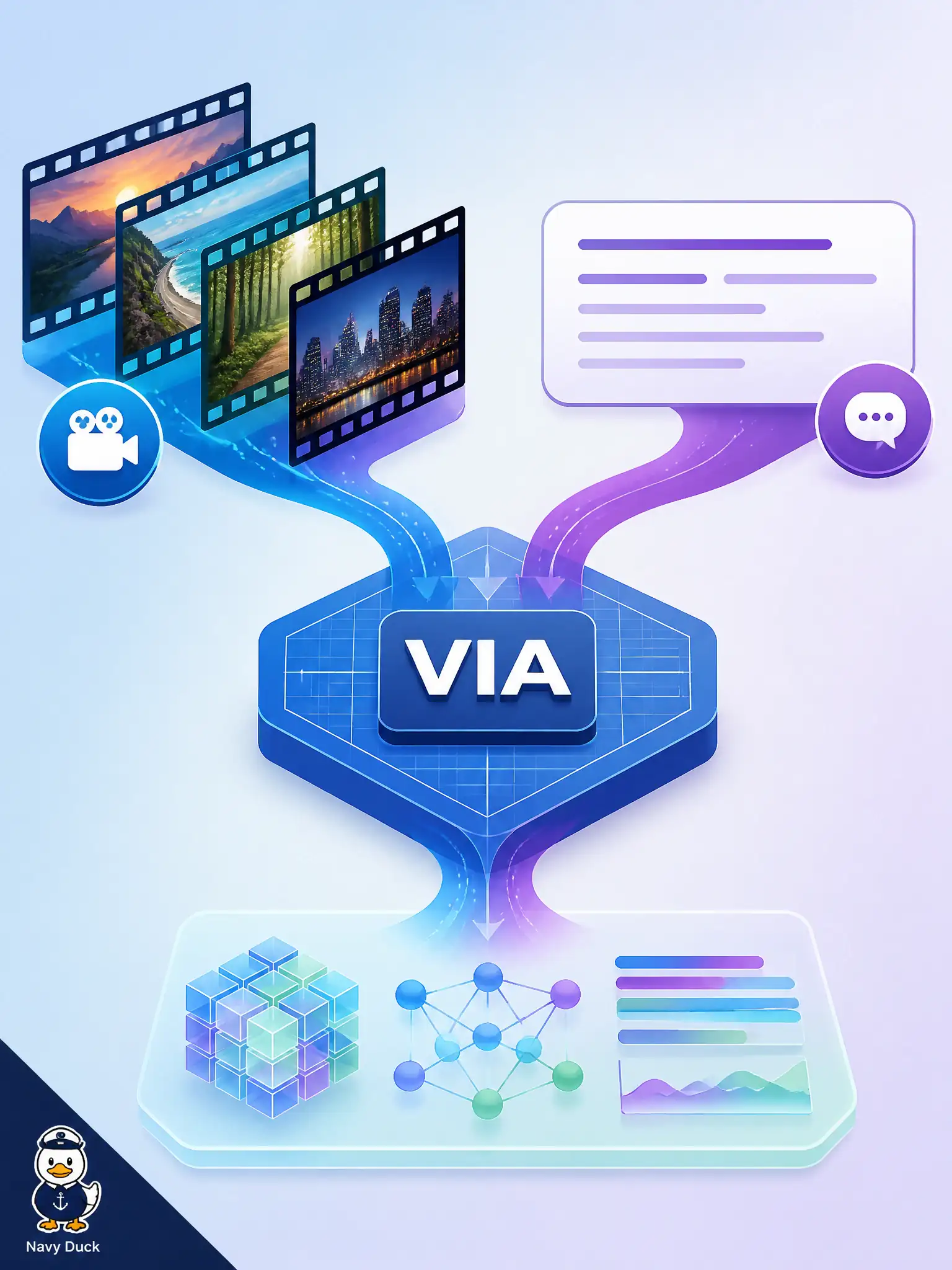 To Create an exciting colorful infographic that explains the concepts in the question: Question: A tidal-pool lab uses an NVIDIA AI Blueprint with VIA on a short clip plus a typed question. At Domain 2 depth, how should that situation be read? Correct Answer: As modality orchestration of video and text, leaving VIA as initials only. Put EVERY visible label in double quotes. No people. No A/B/C/D letters. In one of the four corners put a little "Navy Duck".