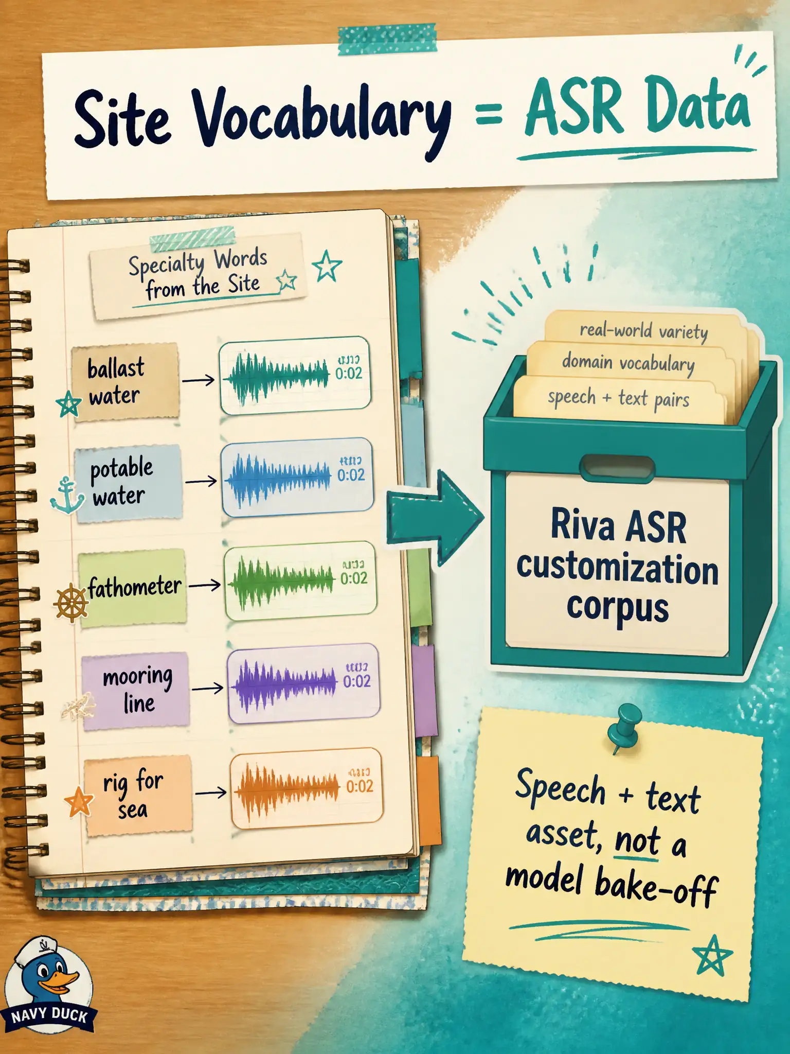 To Create an exciting colorful infographic that explains the concepts in the question: Question: A maple-sugar shack wants NVIDIA Riva ASR to recognize local terms such as “spile,” “niter,” and “hydrometer.” Staff prepare a word list plus example utterances. How should that material be treated for Riva ASR customization? Correct Answer: As a site vocabulary speech-and-text customization dataset that Riva ASR can consume. Put EVERY visible label in double quotes. No people. No A/B/C/D letters. In one of the four corners put a little "Navy Duck".