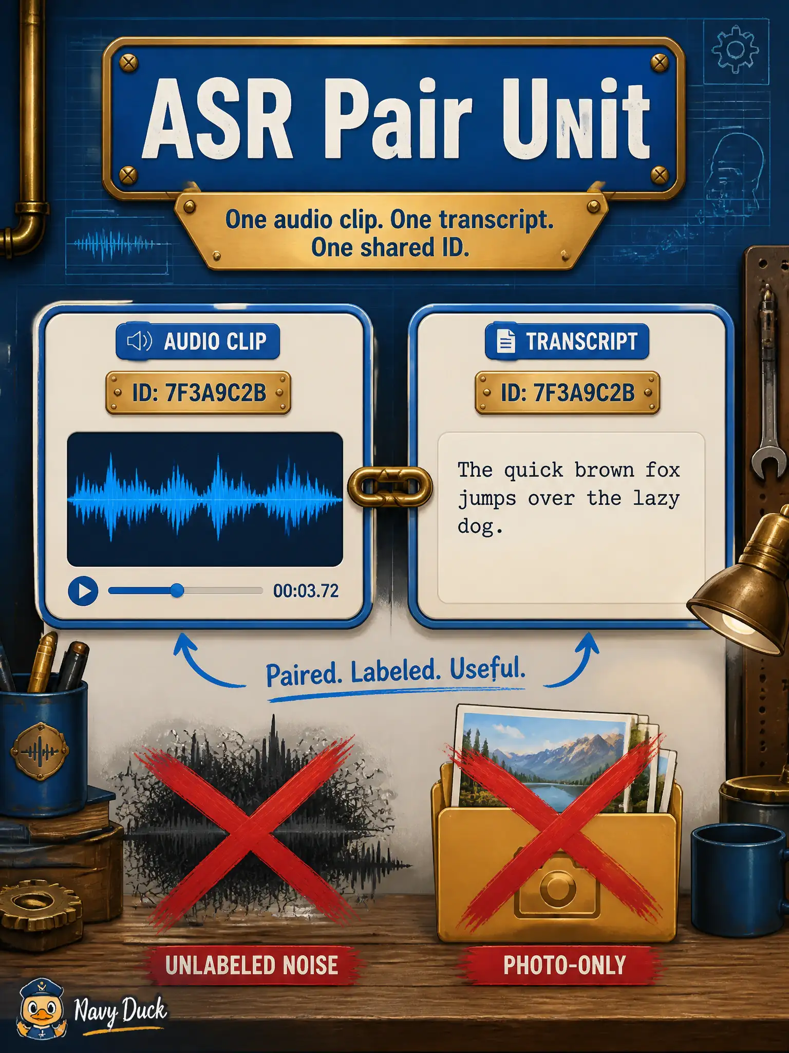 To Create an exciting colorful infographic that explains the concepts in the question: Question: A locksmith bench records spoken key-cut requests and types what was said for each clip. What is the correct unit of ASR customization data? Correct Answer: Aligned audio clips paired with their matching transcripts. Put EVERY visible label in double quotes. No people. No A/B/C/D letters. In one of the four corners put a little "Navy Duck".