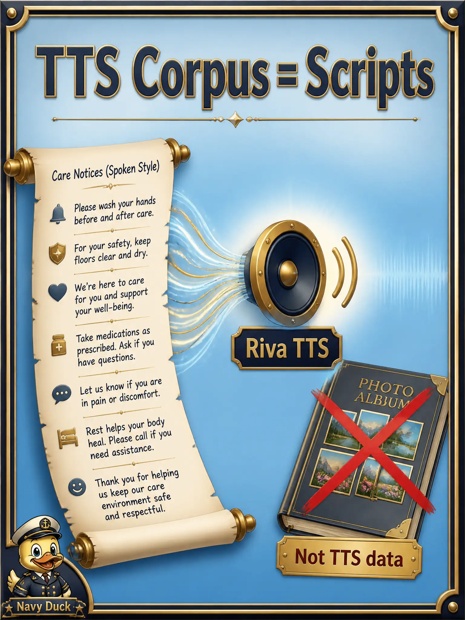To Create an exciting colorful infographic that explains the concepts in the question: Question: A weathervane loft wants NVIDIA Riva TTS to read care notices aloud. A volunteer points at a pile of vane photographs as “the TTS data.” What should the team request instead? Correct Answer: Spoken-style script lines (and optional target-voice samples), not a stills album. Put EVERY visible label in double quotes. No people. No A/B/C/D letters. In one of the four corners put a little "Navy Duck".