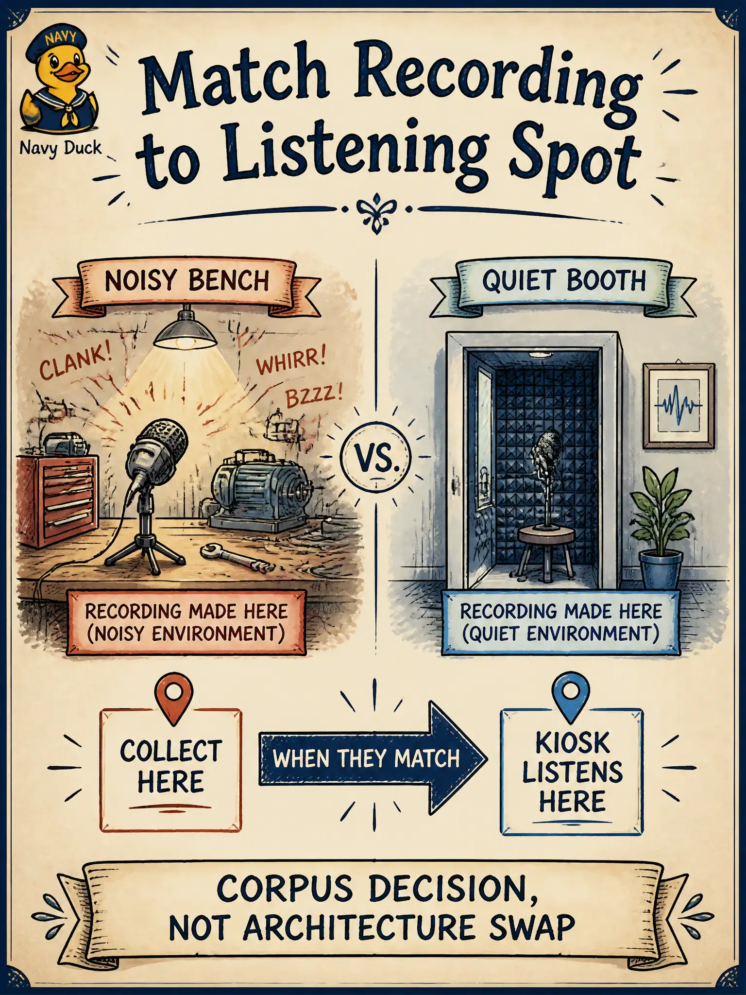 To Create an exciting colorful infographic that explains the concepts in the question: Question: A parchment studio must choose whether to record its Riva ASR set over the scraping bench or in a quiet side room. The finished kiosk will listen on the busy floor. How should the recording-condition choice be framed? Correct Answer: As a corpus collection decision that should match the intended listening environment. Put EVERY visible label in double quotes. No people. No A/B/C/D letters. In one of the four corners put a little "Navy Duck".
