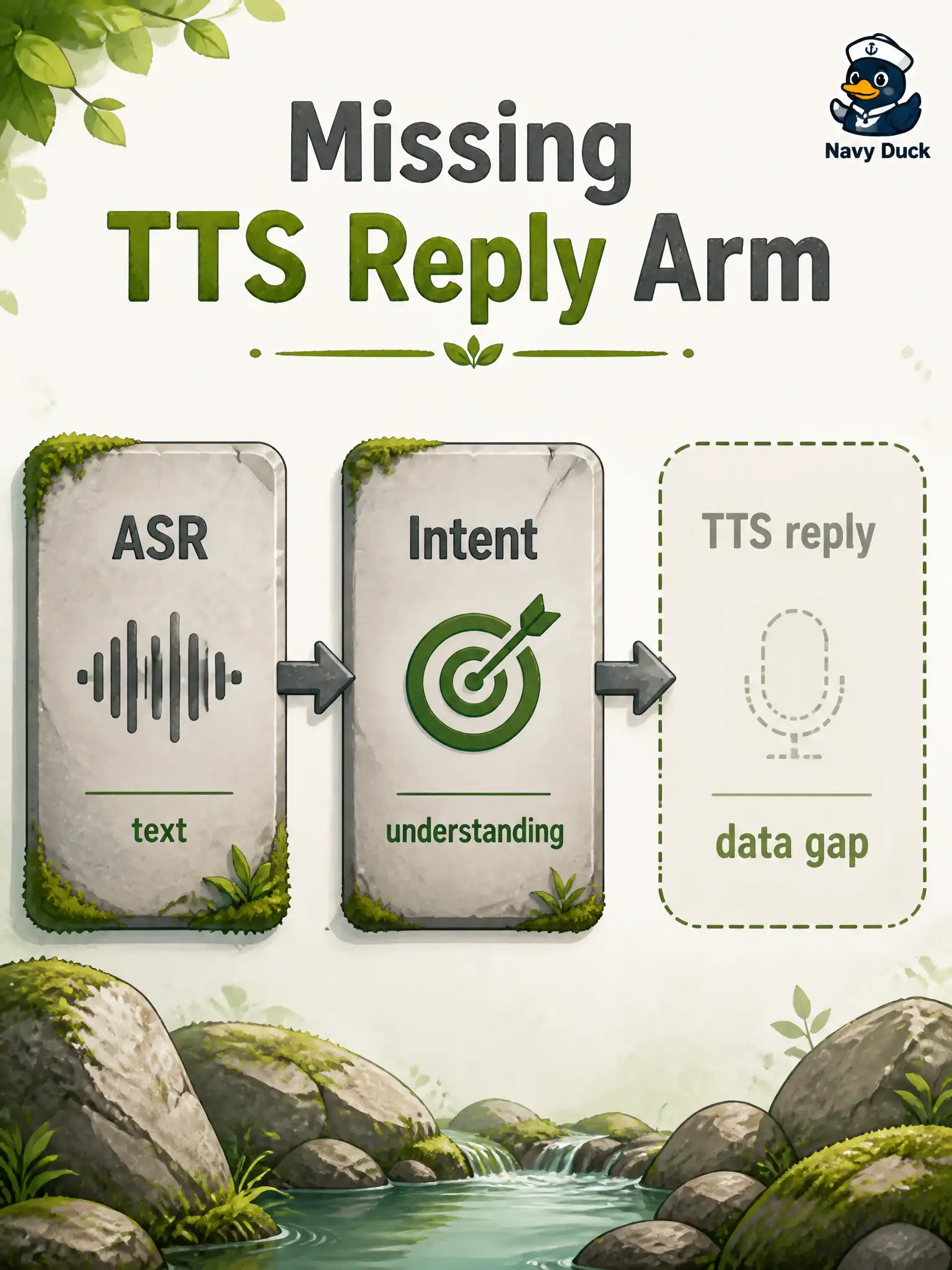 To Create an exciting colorful infographic that explains the concepts in the question: Question: A dry-stone yard has ASR transcripts and intent tags but no spoken-back lines for the kiosk. What does that mean for the conversational pipeline corpus? Correct Answer: That the TTS arm is a missing modality in the pipeline corpus and must be filled with reply scripts. Put EVERY visible label in double quotes. No people. No A/B/C/D letters. In one of the four corners put a little "Navy Duck".
