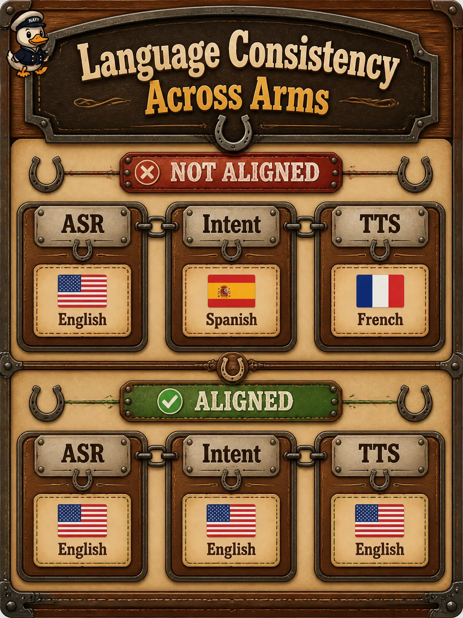 To Create an exciting colorful infographic that explains the concepts in the question: Question: A farrier stall’s ASR set is English, the intent table mixes languages, and the TTS scripts are written in yet another language. What should the candidate conclude about the three corpora? Correct Answer: They are not language-aligned for one end-to-end conversational pipeline and must be made consistent. Put EVERY visible label in double quotes. No people. No A/B/C/D letters. In one of the four corners put a little "Navy Duck".