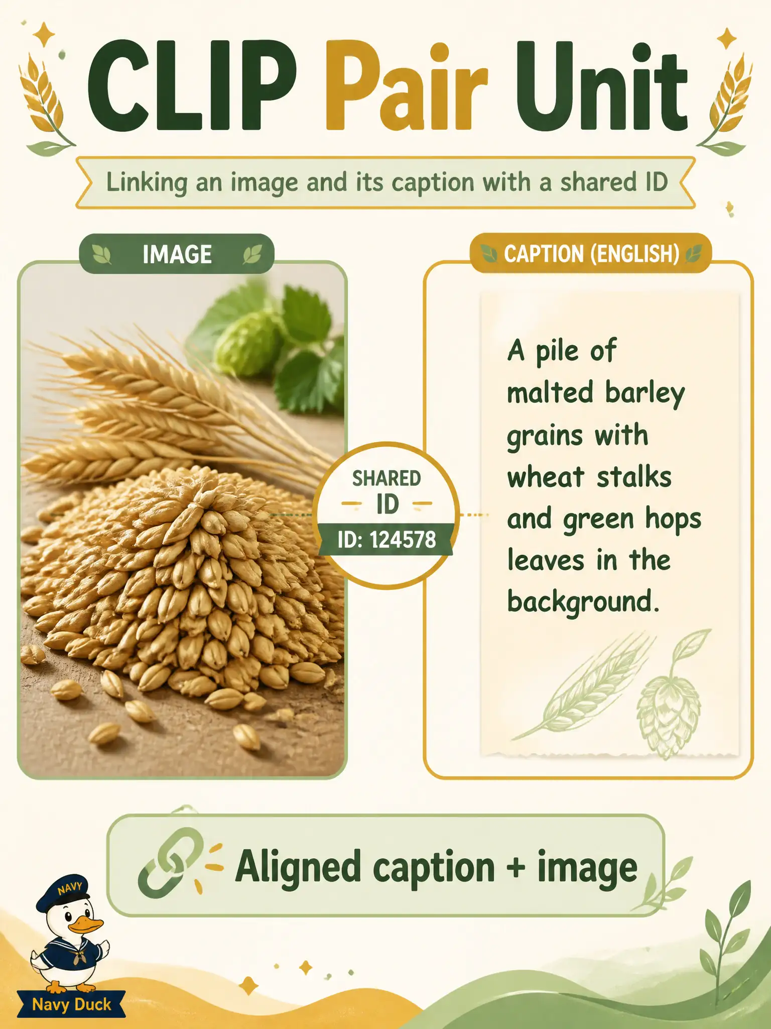 To Create an exciting colorful infographic that explains the concepts in the question: Question: A malt-house floor snaps a floor-grain still and writes one English line that names what is in the frame. What is the CLIP data unit that describes? Correct Answer: An aligned English caption paired with the still it describes. Put EVERY visible label in double quotes. No people. No A/B/C/D letters. In one of the four corners put a little "Navy Duck".
