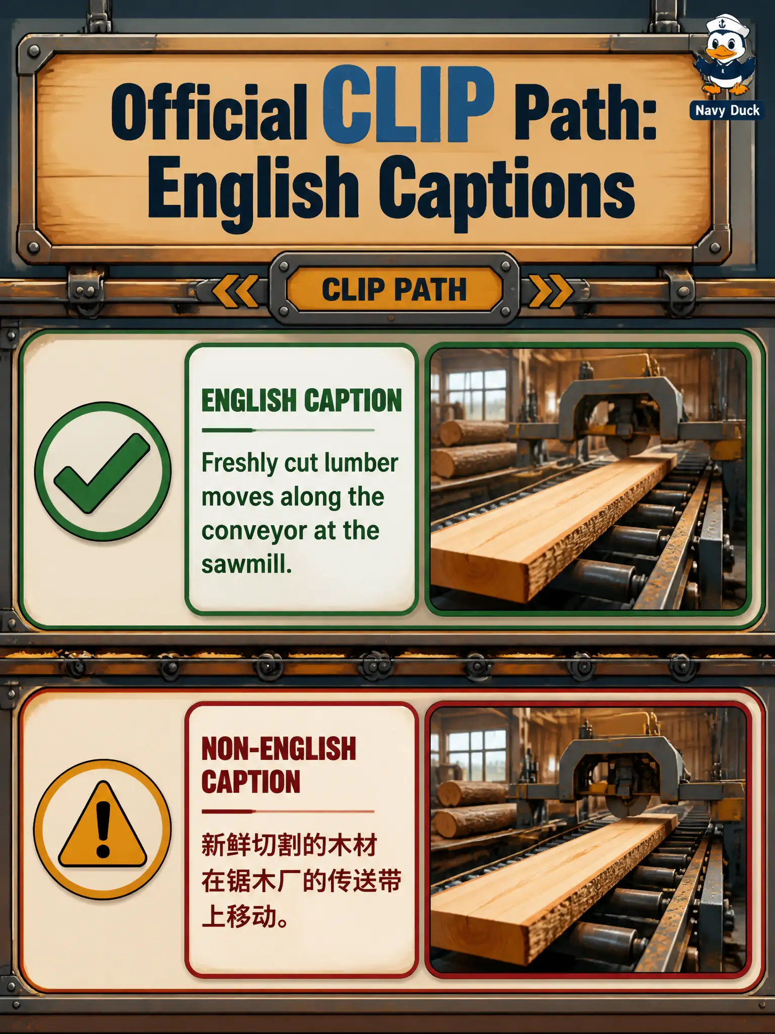 To Create an exciting colorful infographic that explains the concepts in the question: Question: A sawmill office captions blade stills in a language the official CLIP skill path does not name for its English-prompt workflow. What should the team flag? Correct Answer: That the set does not match the published English text–image path and should be corrected. Put EVERY visible label in double quotes. No people. No A/B/C/D letters. In one of the four corners put a little "Navy Duck".