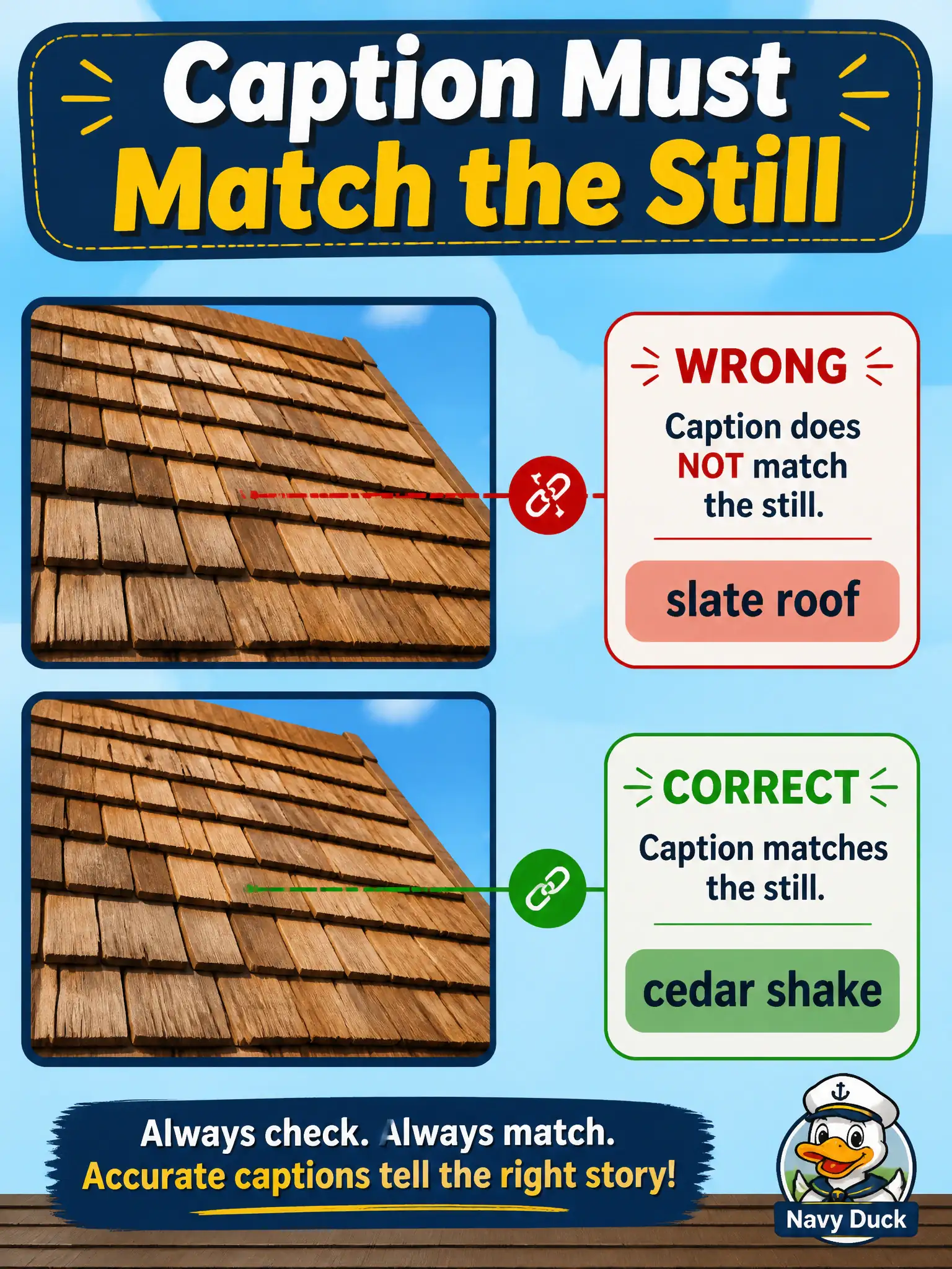 To Create an exciting colorful infographic that explains the concepts in the question: Question: A shingle-mill row shows a cedar shake, but the English line describes a slate roof from another bay. How should that CLIP row be treated? Correct Answer: As misaligned data because the caption must describe the attached picture. Put EVERY visible label in double quotes. No people. No A/B/C/D letters. In one of the four corners put a little "Navy Duck".