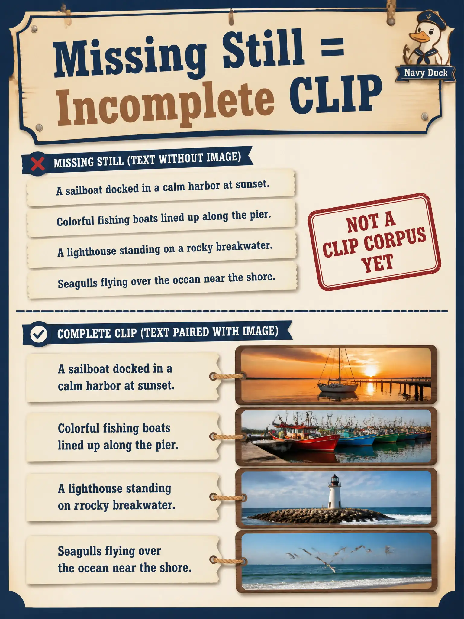 To Create an exciting colorful infographic that explains the concepts in the question: Question: A coble yard has slogan lines such as “tarred bottom, oak strake” ready but no photographs. Can that slogan list be called a CLIP corpus? Correct Answer: No—not until each line has an image (or is clearly held as text-only, not as CLIP pairs). Put EVERY visible label in double quotes. No people. No A/B/C/D letters. In one of the four corners put a little "Navy Duck".