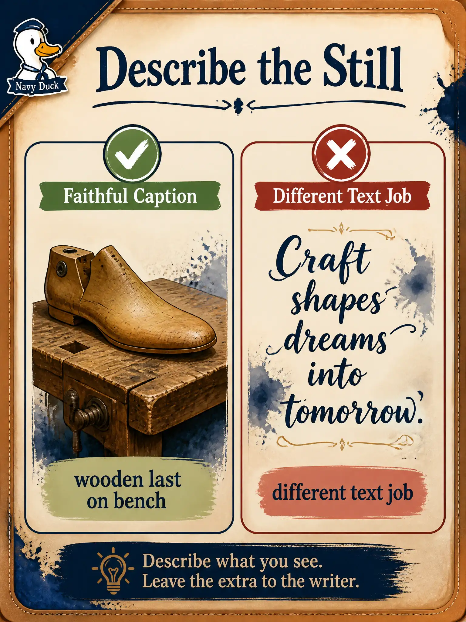 To Create an exciting colorful infographic that explains the concepts in the question: Question: A last-maker can write what is actually on the bench or invent a poetic shop motto beside the still. Which English annotation belongs on a CLIP pair? Correct Answer: A faithful English description of what the still actually shows. Put EVERY visible label in double quotes. No people. No A/B/C/D letters. In one of the four corners put a little "Navy Duck".