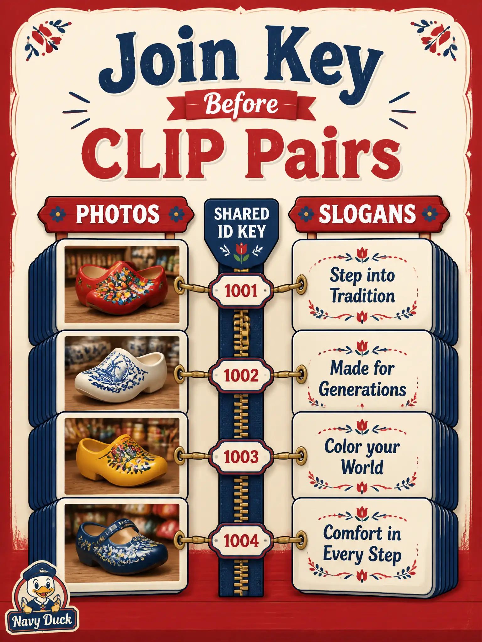 To Create an exciting colorful infographic that explains the concepts in the question: Question: A clog shop keeps stills in one drawer and English slogans in another with no shared identifier. What is required before those piles can become a CLIP paired corpus? Correct Answer: An explicit join key that links each still to its English caption row. Put EVERY visible label in double quotes. No people. No A/B/C/D letters. In one of the four corners put a little "Navy Duck".
