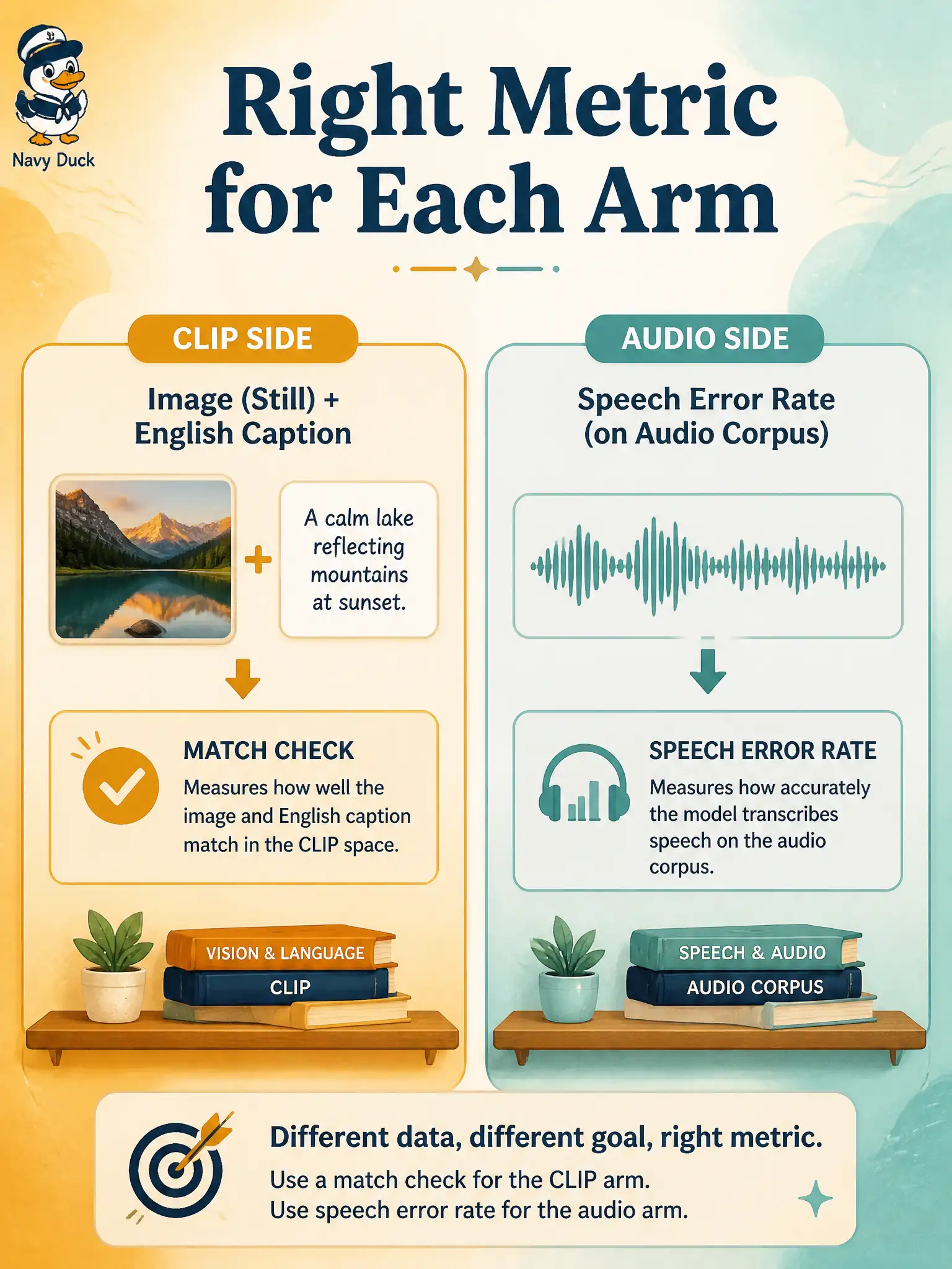 To Create an exciting colorful infographic that explains the concepts in the question: Question: A rush-light shop intern scores caption–still rows with a spoken-word error count borrowed from the Riva booth. How should pairing quality for those rows be judged? Correct Answer: Keep CLIP pairing checks on whether the English line matches the picture; send speech metrics back to the audio corpus. Put EVERY visible label in double quotes. No people. No A/B/C/D letters. In one of the four corners put a little "Navy Duck".
