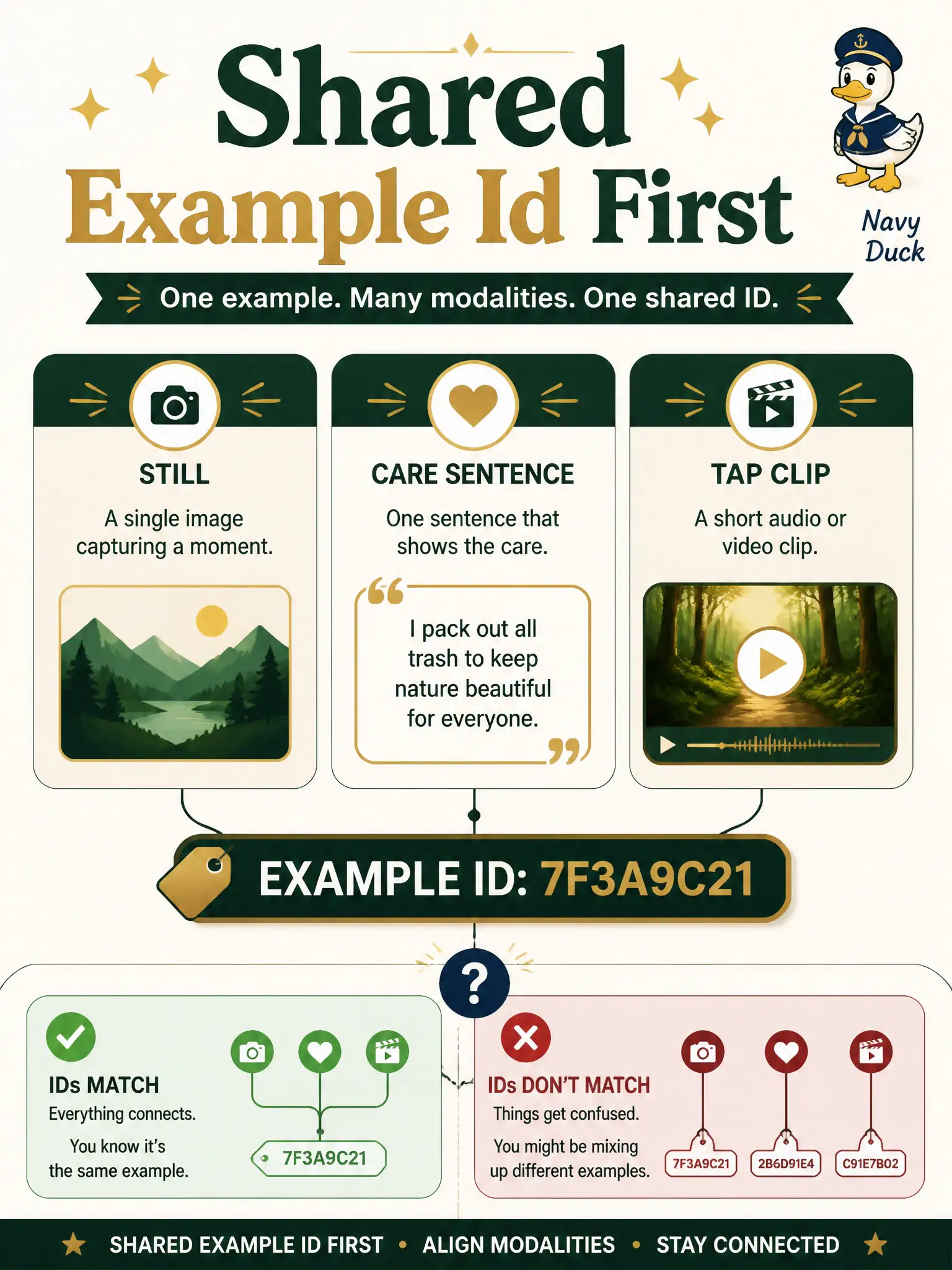 To Create an exciting colorful infographic that explains the concepts in the question: Question: A horn-button works has a still, a care sentence, and a tap-test clip that might belong to three different buttons. What must be true before anyone discusses early, late, or intermediate fusion on those files? Correct Answer: All three arms must share one example identifier so they are known to be the same button. Put EVERY visible label in double quotes. No people. No A/B/C/D letters. In one of the four corners put a little "Navy Duck".