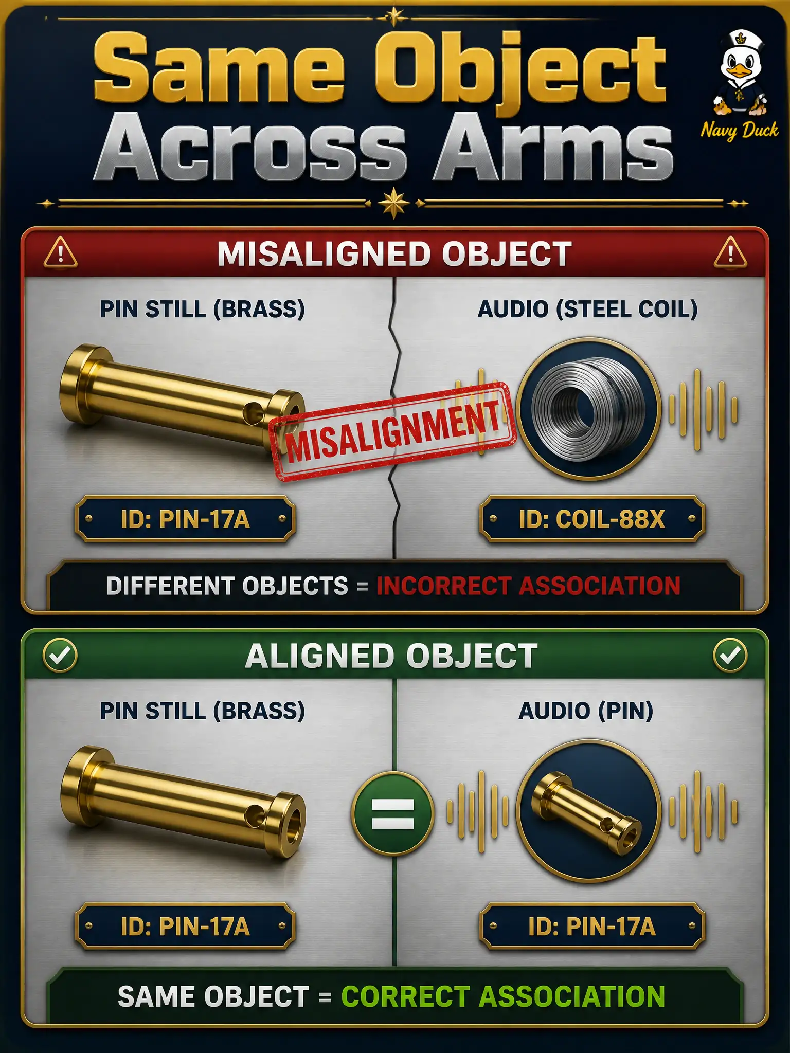 To Create an exciting colorful infographic that explains the concepts in the question: Question: A pin-mill row shows a brass pin in the still, but the audio clip is someone describing a steel coil from the next machine. What data problem should be marked? Correct Answer: Cross-modal misalignment: the joined modalities do not refer to the same object. Put EVERY visible label in double quotes. No people. No A/B/C/D letters. In one of the four corners put a little "Navy Duck".