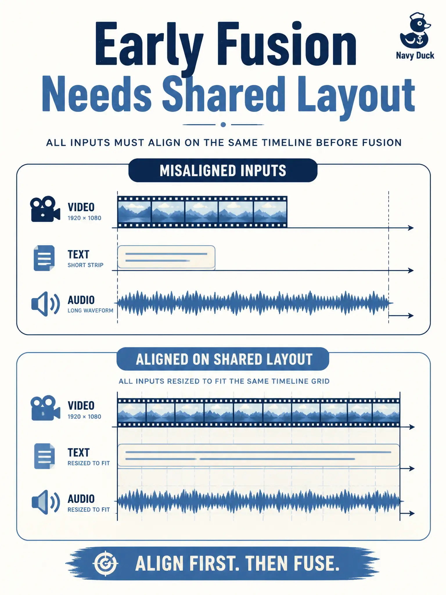 To Create an exciting colorful infographic that explains the concepts in the question: Question: A fulling-mill intern concatenates a 4K still next to a three-word note and a 30-second clip with no shared clock or size layout. What should be flagged before calling the row early-fusion ready? Correct Answer: That the raw arms are not joinable yet—size, rate, or time layout must be made compatible first. Put EVERY visible label in double quotes. No people. No A/B/C/D letters. In one of the four corners put a little "Navy Duck".