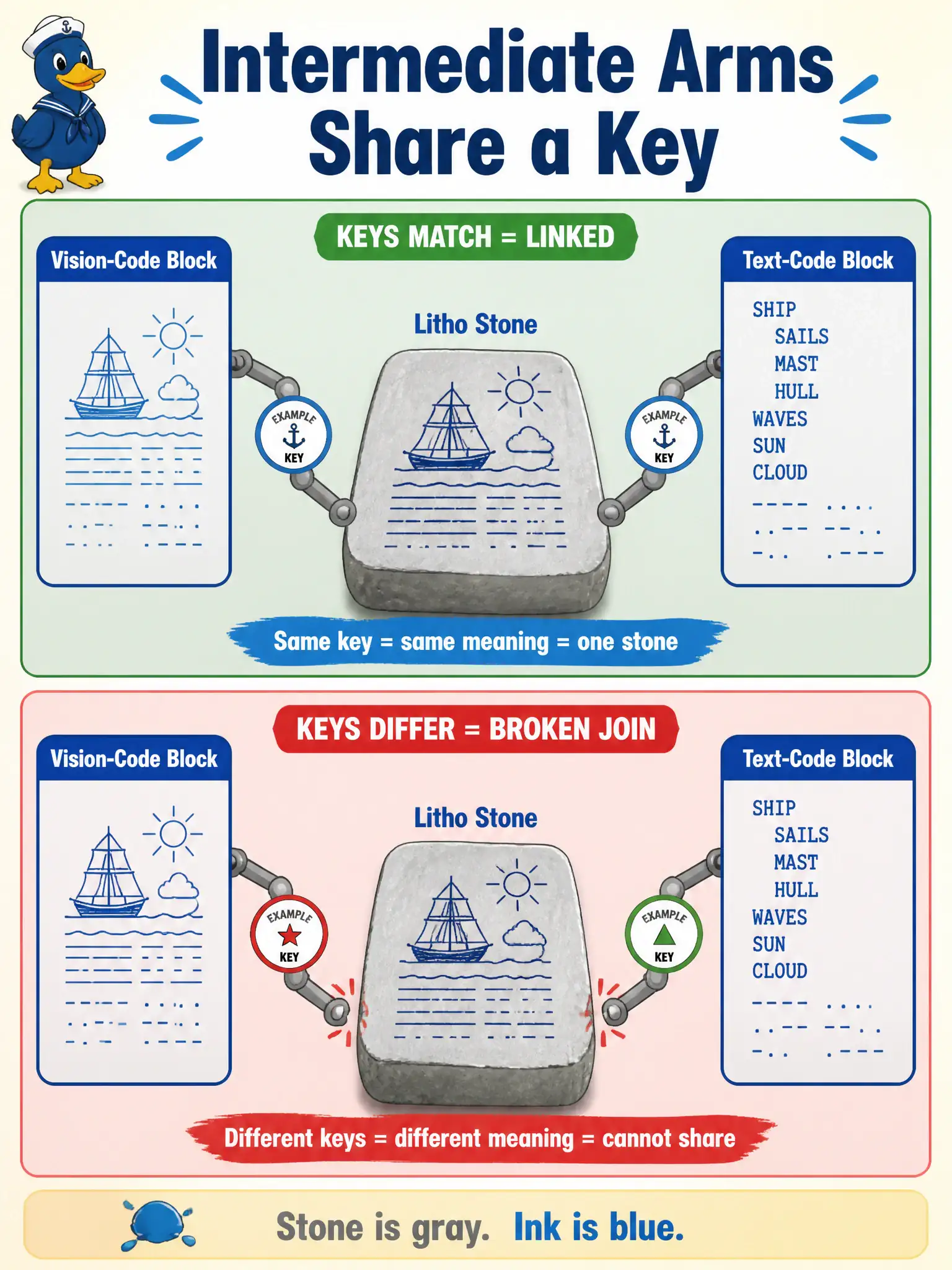 To Create an exciting colorful infographic that explains the concepts in the question: Question: A litho-stone loft plans to meet vision codes and text codes halfway for intermediate fusion. What data requirement comes first? Correct Answer: Both mid-level arms must exist for the same stone and be look-upable under one example key. Put EVERY visible label in double quotes. No people. No A/B/C/D letters. In one of the four corners put a little "Navy Duck".