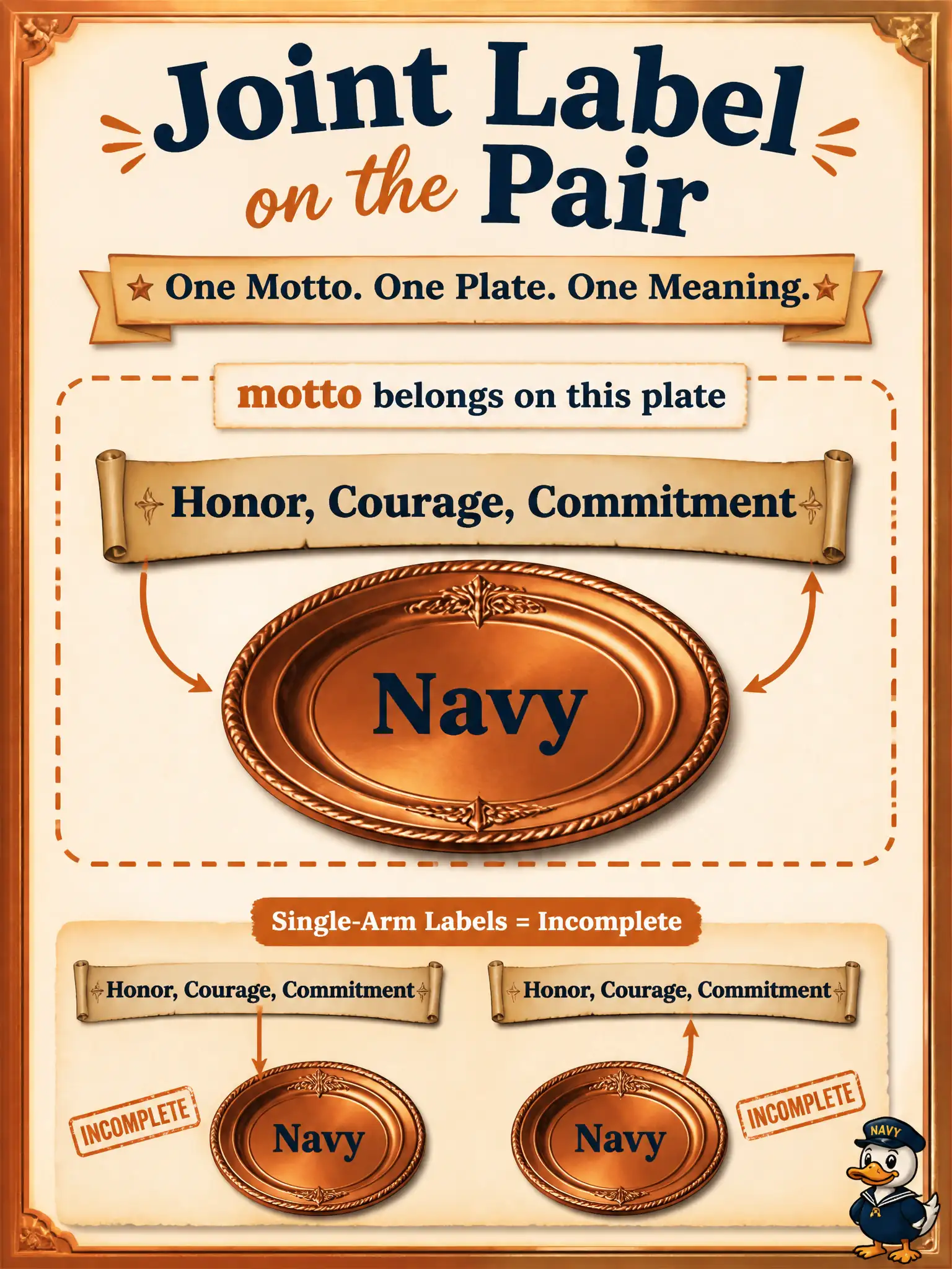 To Create an exciting colorful infographic that explains the concepts in the question: Question: A copperplate shop needs a label that is true only of the pair—this motto belongs on this plate—not of either file alone. Where does that annotation belong? Correct Answer: On the paired multimodal example as joint cross-modal labeling work. Put EVERY visible label in double quotes. No people. No A/B/C/D letters. In one of the four corners put a little "Navy Duck".