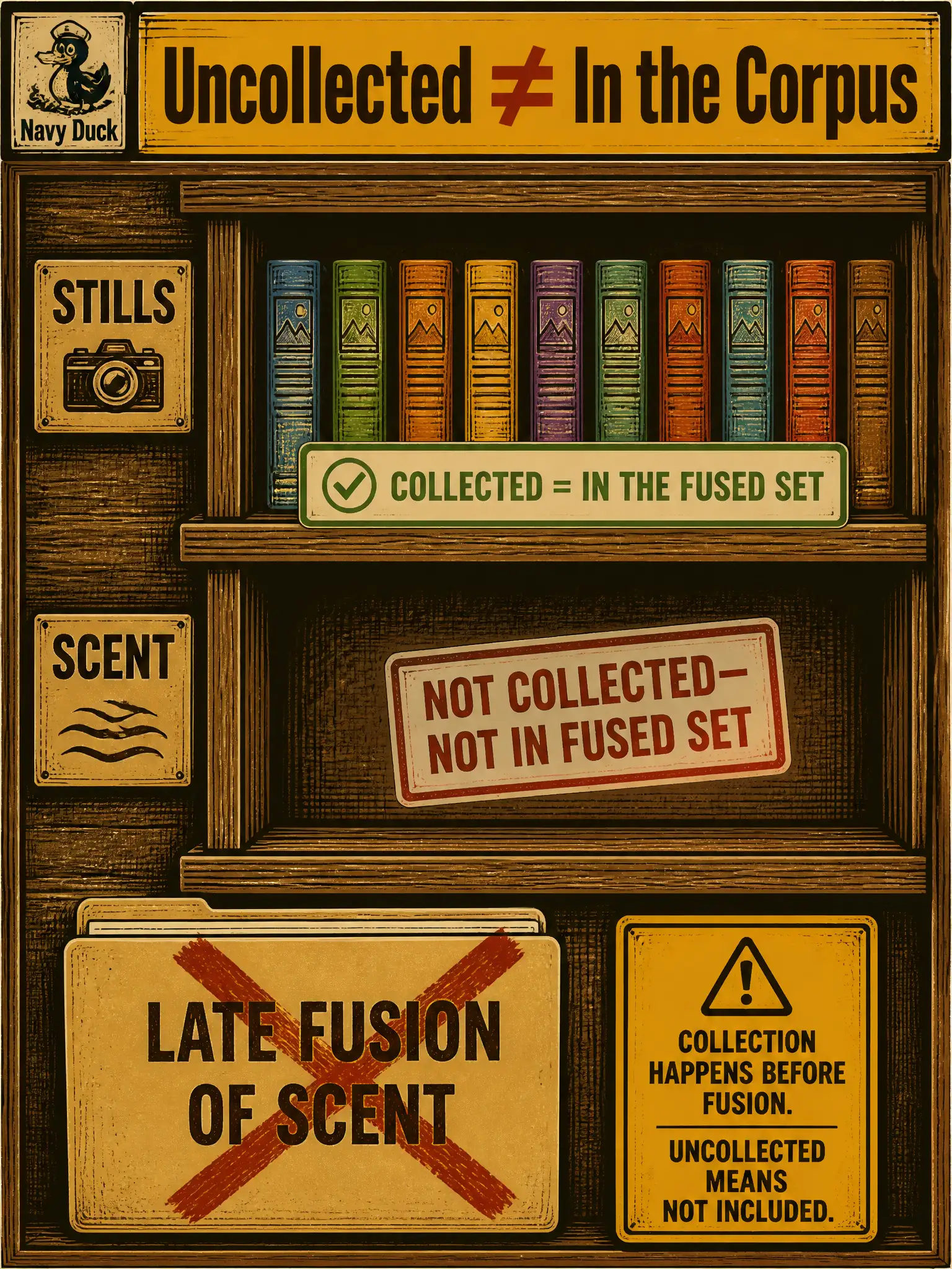 To Create an exciting colorful infographic that explains the concepts in the question: Question: A woodcut shop claims “late fusion of scent and stills” but never recorded any scent. What is the sound data response? Correct Answer: Refuse the dataset label: an uncollected modality is not part of a fused corpus. Put EVERY visible label in double quotes. No people. No A/B/C/D letters. In one of the four corners put a little "Navy Duck".