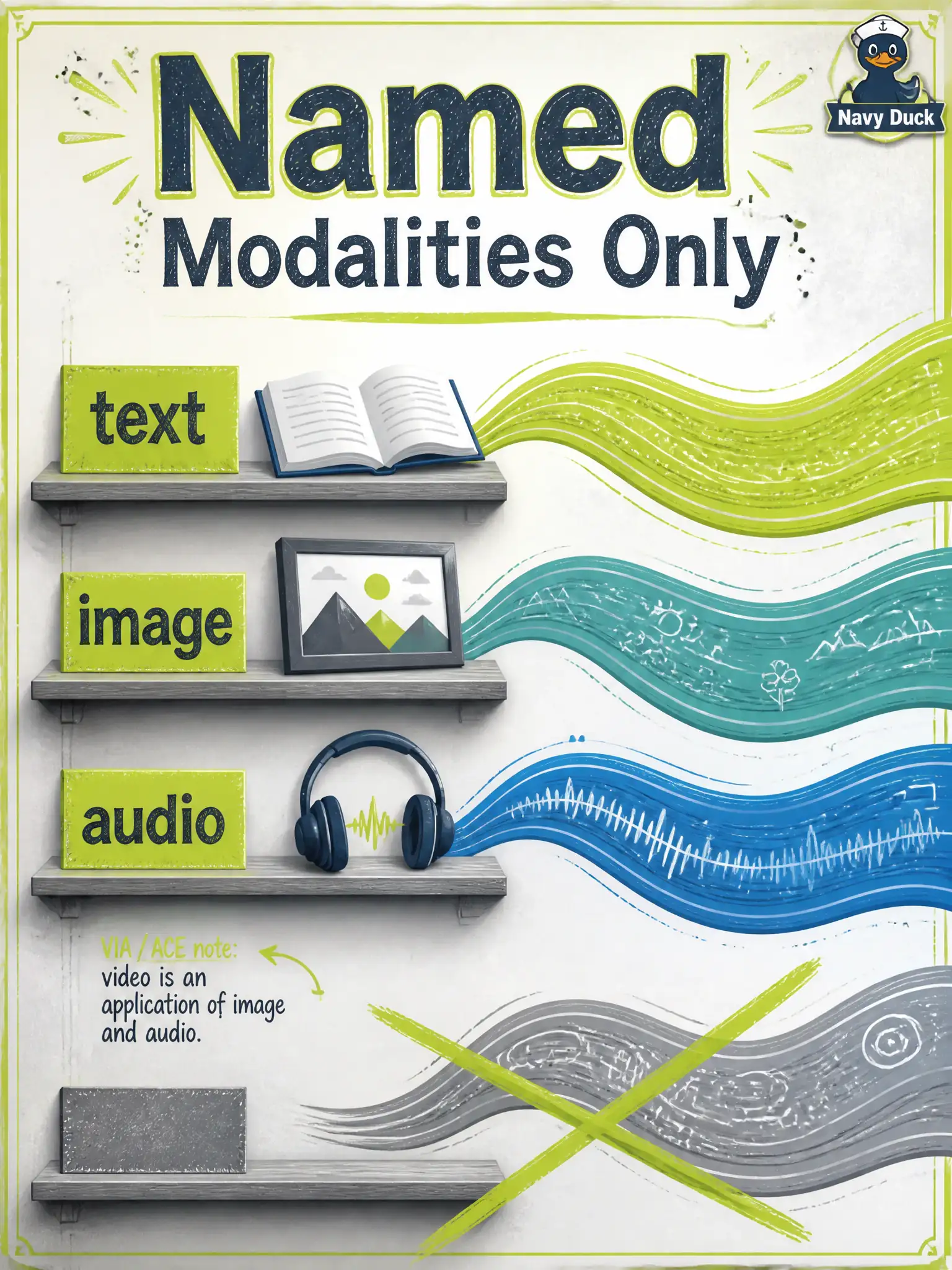 To Create an exciting colorful infographic that explains the concepts in the question: Question: An etching-bath intern wants to add a fourth unnamed product stream to every paired row “because multimodal means everything.” What scope should the corpus keep? Correct Answer: Official modalities—text, image, and audio—with video only where VIA / ACE wording already allows it. Put EVERY visible label in double quotes. No people. No A/B/C/D letters. In one of the four corners put a little "Navy Duck".