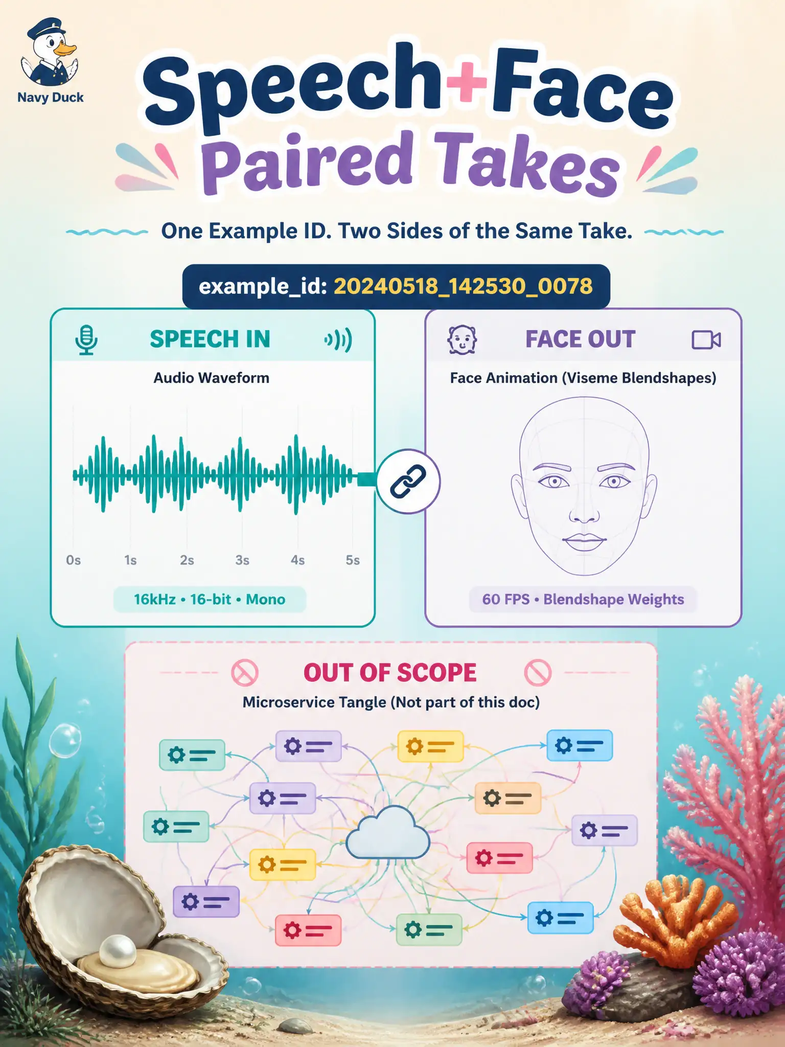 To Create an exciting colorful infographic that explains the concepts in the question: Question: An oyster-rake shed may later drive a face with ACE / Riva / Audio2Face. What data ask is appropriate at awareness depth? Correct Answer: Ask for paired speech-in and target-face takes if that avatar path is real. Put EVERY visible label in double quotes. No people. No A/B/C/D letters. In one of the four corners put a little "Navy Duck".