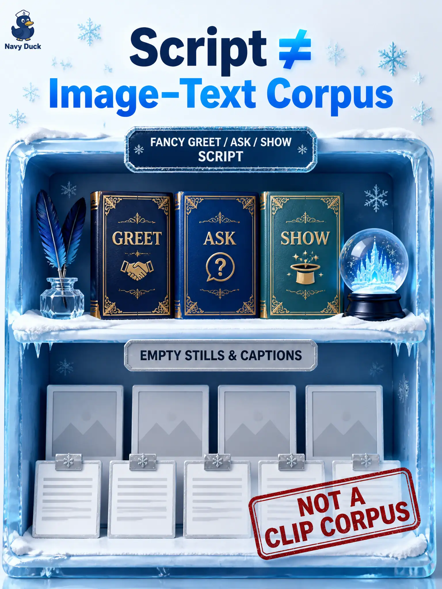 To Create an exciting colorful infographic that explains the concepts in the question: Question: An ice-cutter pond office writes a polished greet / ask / show script but has no stills or captions. How should that script be filed? Correct Answer: As agent-side instructions, separate from a paired multimodal corpus. Put EVERY visible label in double quotes. No people. No A/B/C/D letters. In one of the four corners put a little "Navy Duck".