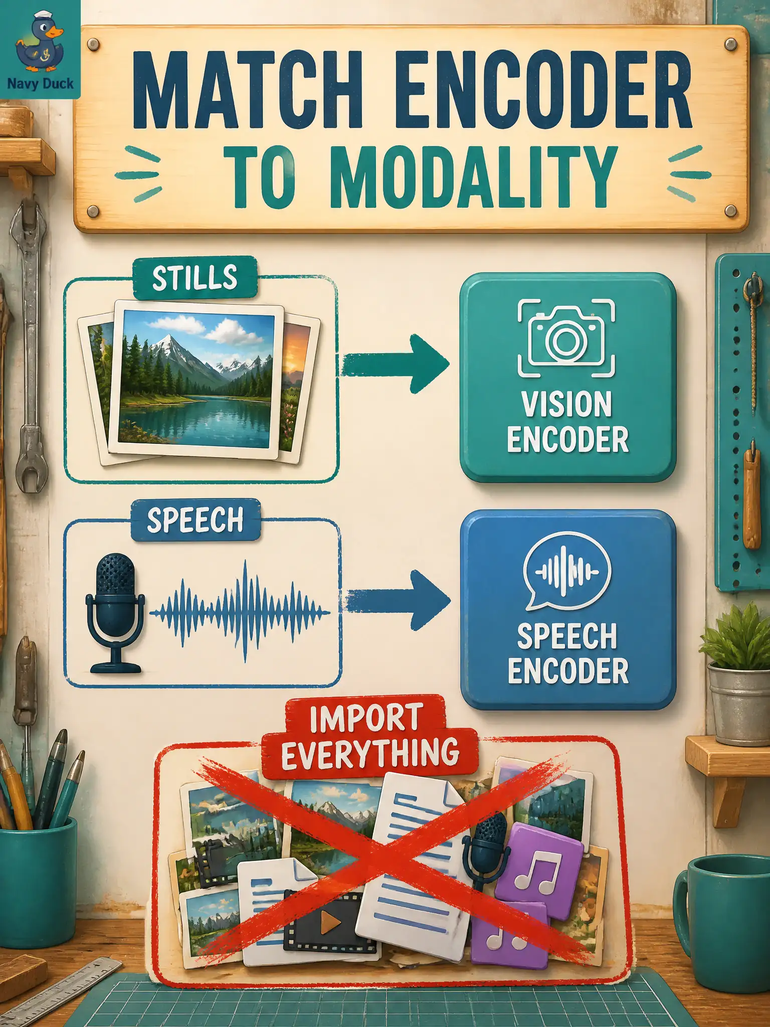 To Create an exciting colorful infographic that explains the concepts in the question: Question: A mask-carver’s first app will either load stills of unfinished faces or stream a spoken note. What should decide which encoder module to import? Correct Answer: Import the encoder module that matches the modality the app will load—vision for stills, speech for audio. Put EVERY visible label in double quotes. No people. No A/B/C/D letters. In one of the four corners put a little "Navy Duck".