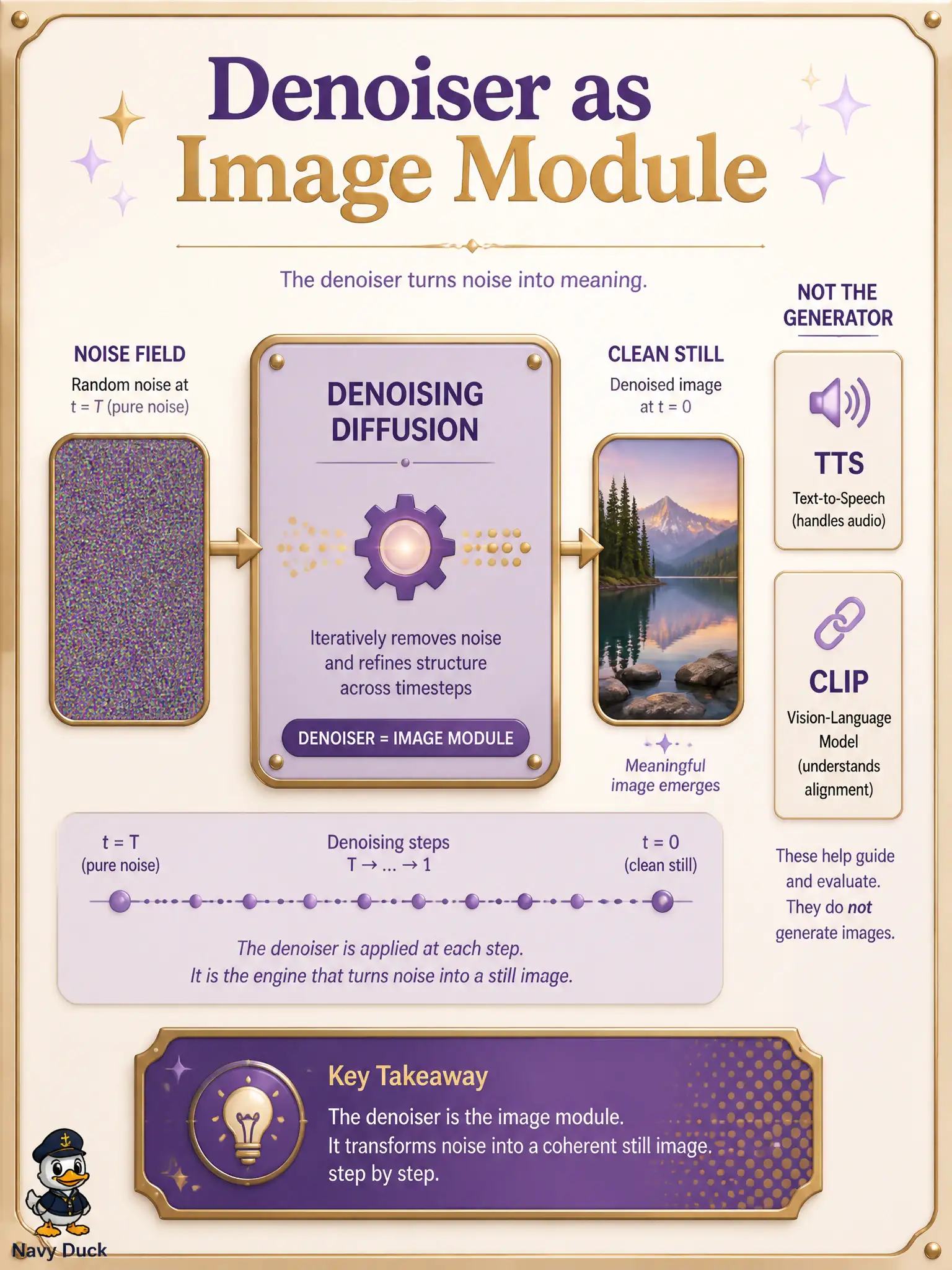 To Create an exciting colorful infographic that explains the concepts in the question: Question: A harmonica works wants stills grown from noise inside the project. Which piece should be added as the callable image-generation module? Correct Answer: A denoising-diffusion generator that turns a noise field into a still. Put EVERY visible label in double quotes. No people. No A/B/C/D letters. In one of the four corners put a little "Navy Duck".