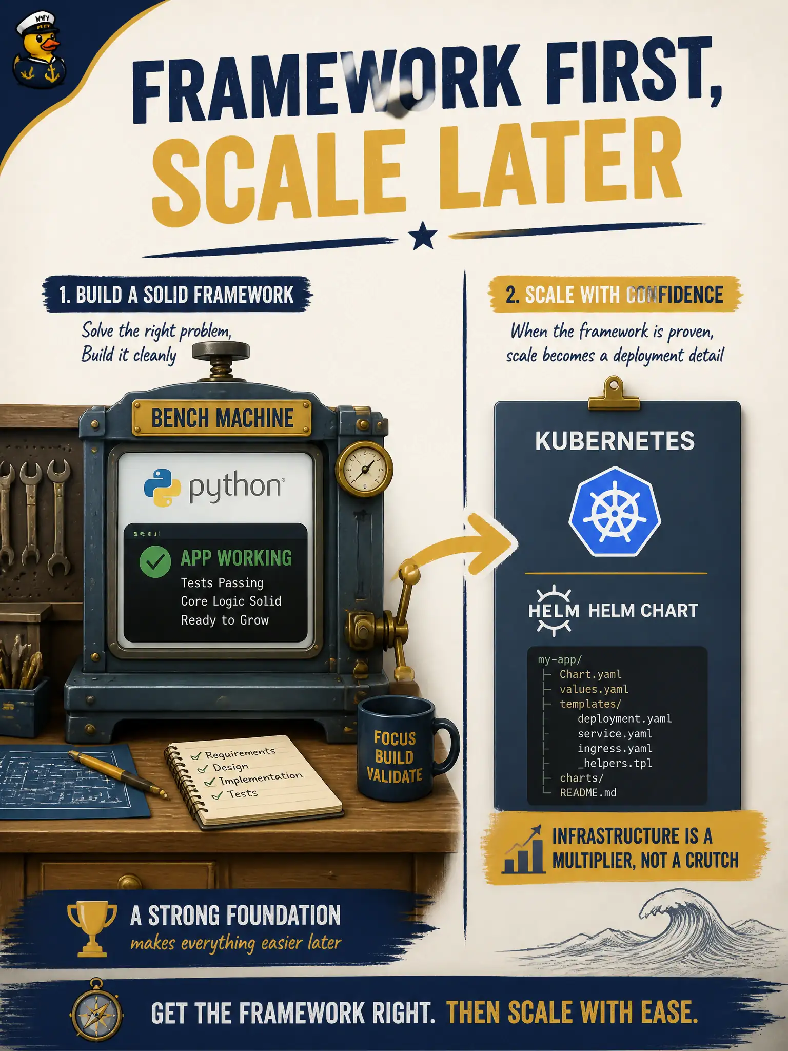 To Create an exciting colorful infographic that explains the concepts in the question: Question: A broom-maker’s first Python app works on one bench machine. An intern jumps straight to a Kubernetes chart. What should happen next? Correct Answer: Finish the framework implementation first and leave production scale to Domain 6. Put EVERY visible label in double quotes. No people. No A/B/C/D letters. In one of the four corners put a little "Navy Duck".