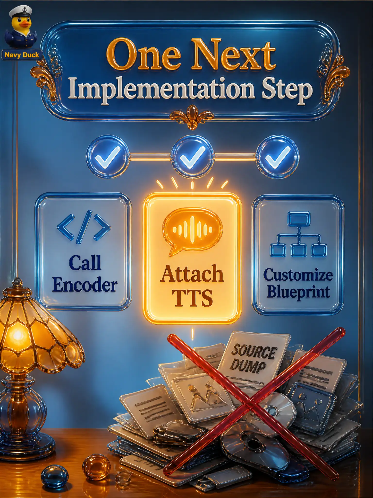 To Create an exciting colorful infographic that explains the concepts in the question: Question: A lampwork bench asks what to do after the loaders exist. Which response fits associate implementation? Correct Answer: Name one next step—call the encoder, attach TTS, or customize a Blueprint—instead of a source dump. Put EVERY visible label in double quotes. No people. No A/B/C/D letters. In one of the four corners put a little "Navy Duck".