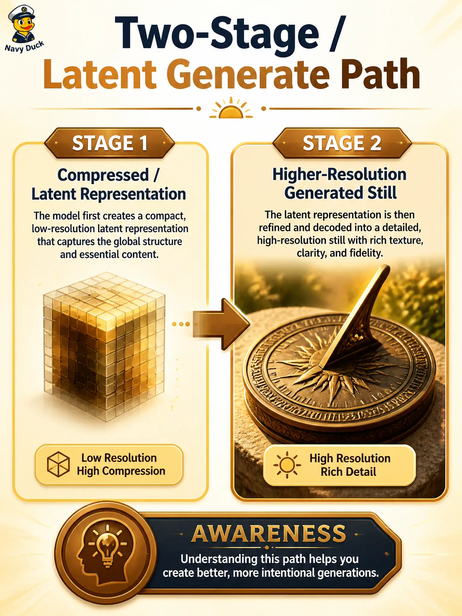 To Create an exciting colorful infographic that explains the concepts in the question: Question: A sundial yard hears an official two-stage high-resolution session: work in a compressed stage, then a second stage. At associate depth, how may that path be used? Correct Answer: As an allowed two-stage / latent generate path when assembling the generator. Put EVERY visible label in double quotes. No people. No A/B/C/D letters. In one of the four corners put a little "Navy Duck".