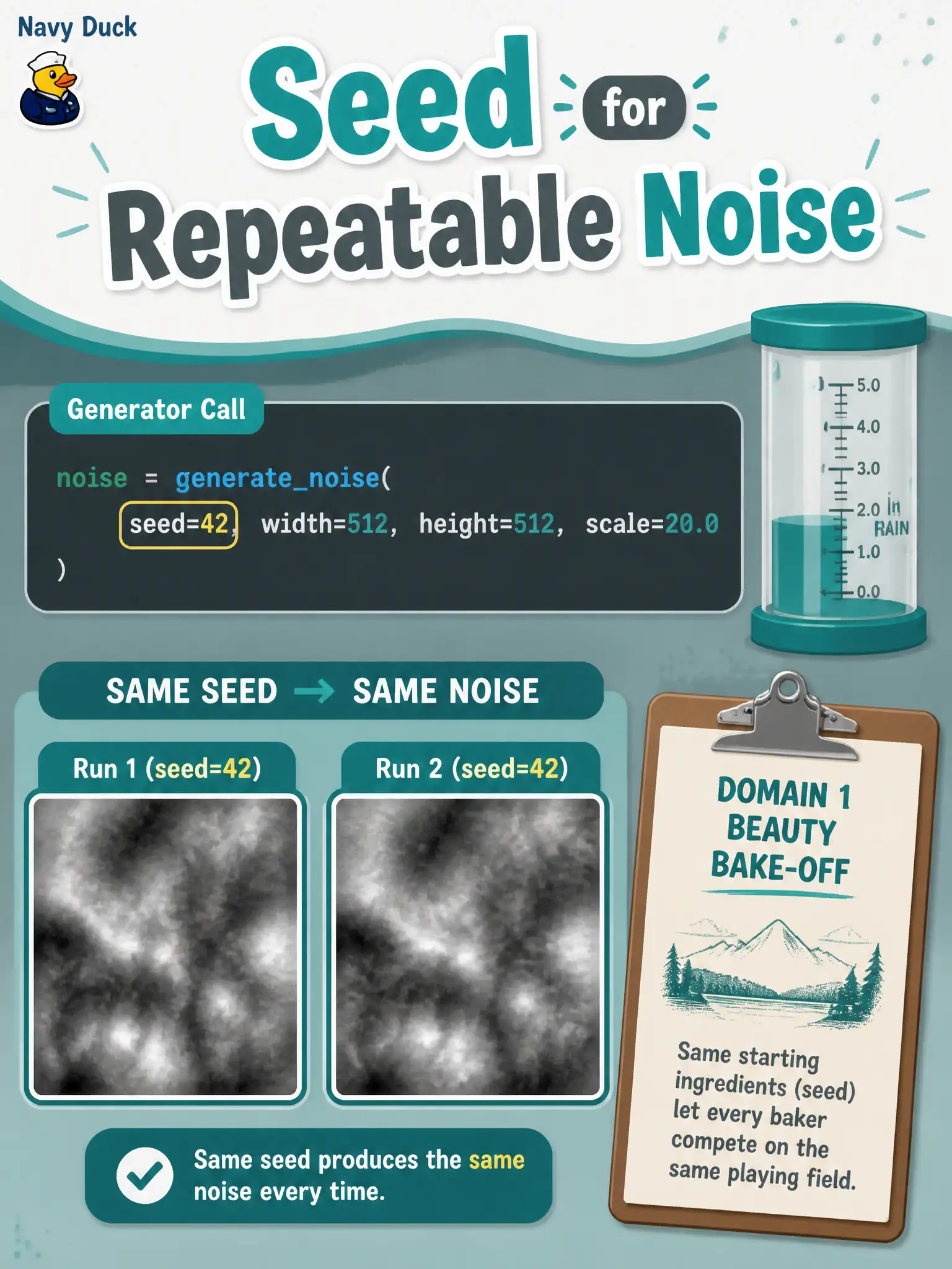To Create an exciting colorful infographic that explains the concepts in the question: Question: A rain-gauge desk wants the same still tomorrow. How should reproducibility be implemented in the noise-to-image call? Correct Answer: Pass a seed into the noise sampler as an implementation control so the call can be repeated. Put EVERY visible label in double quotes. No people. No A/B/C/D letters. In one of the four corners put a little "Navy Duck".