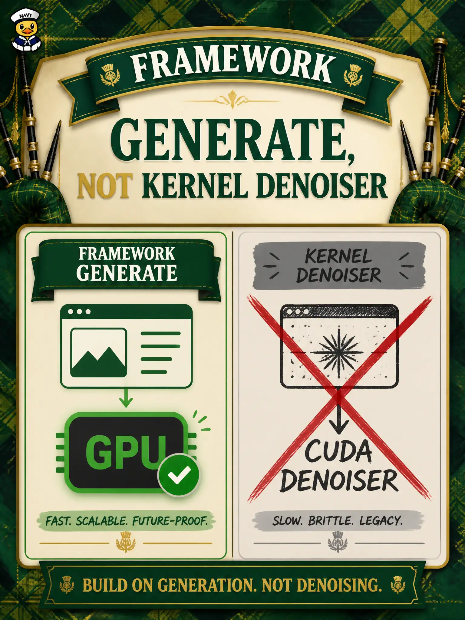 To Create an exciting colorful infographic that explains the concepts in the question: Question: A bagpipe-reed shop wants the still faster. How should the generate path stay in associate scope? Correct Answer: Keep image generation as a framework / GPU-aware call; refuse a handwritten CUDA denoiser. Put EVERY visible label in double quotes. No people. No A/B/C/D letters. In one of the four corners put a little "Navy Duck".