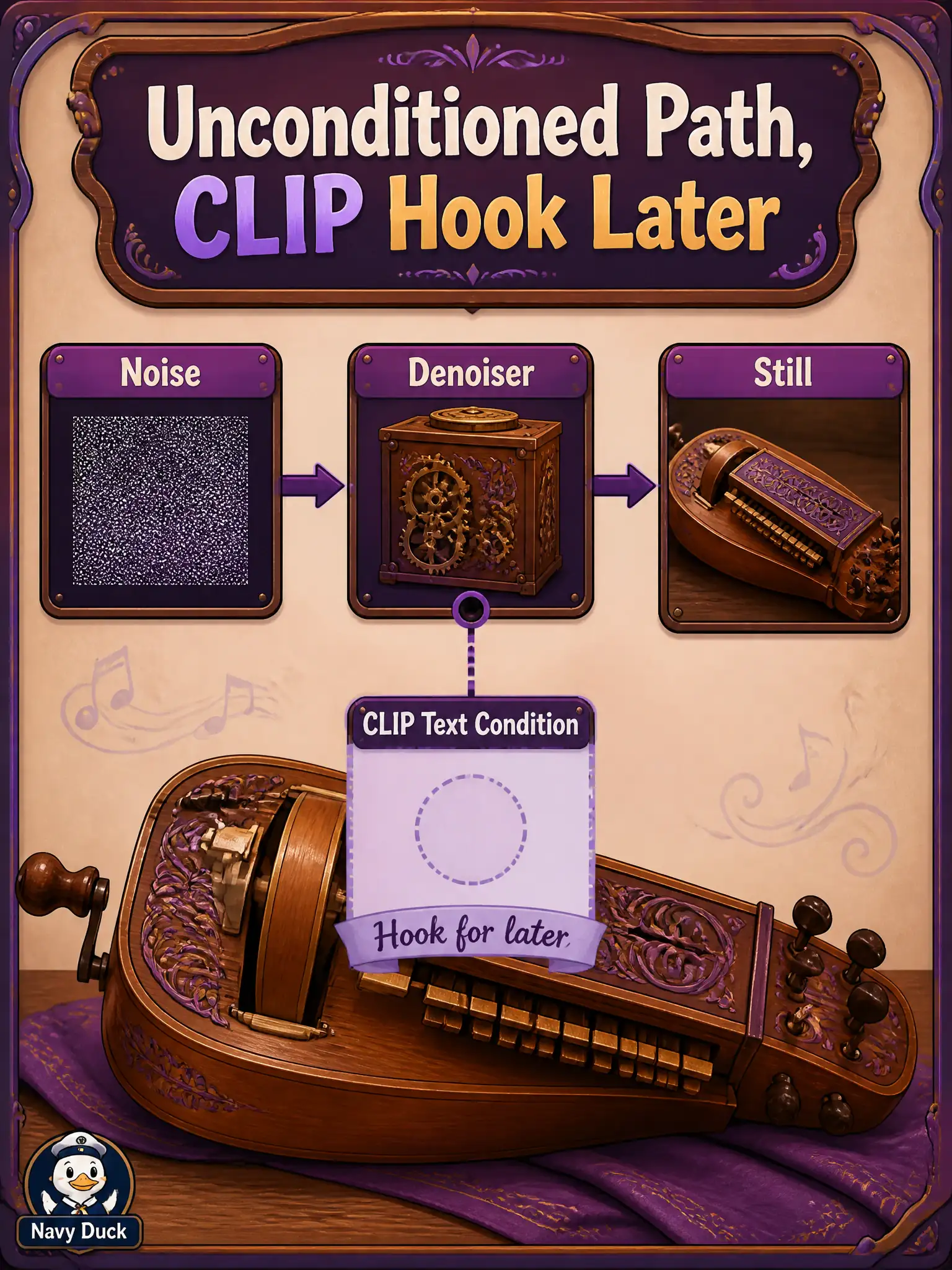 To Create an exciting colorful infographic that explains the concepts in the question: Question: A hurdy-gurdy loft first implements “noise in, still out,” then will add an English prompt. How should the unconditioned path be assembled? Correct Answer: Assemble the unconditioned generate path so a later official CLIP text condition can hook in. Put EVERY visible label in double quotes. No people. No A/B/C/D letters. In one of the four corners put a little "Navy Duck".