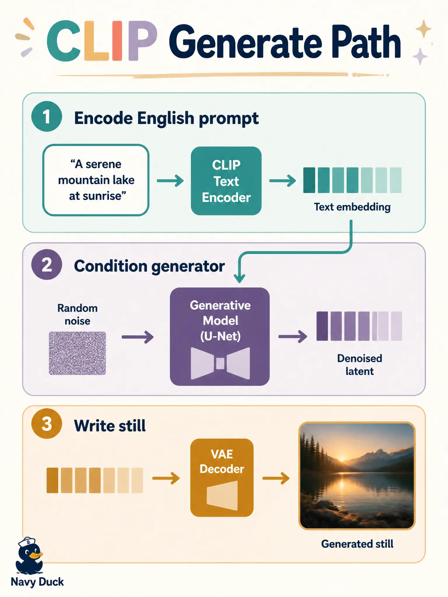 To Create an exciting colorful infographic that explains the concepts in the question: Question: A lute-maker types “spruce top, ebony pegs” and needs a still from that English line. Which software sequence implements the official CLIP generate path? Correct Answer: Encode the English prompt, condition the generator with that embedding, then write the picture. Put EVERY visible label in double quotes. No people. No A/B/C/D letters. In one of the four corners put a little "Navy Duck".