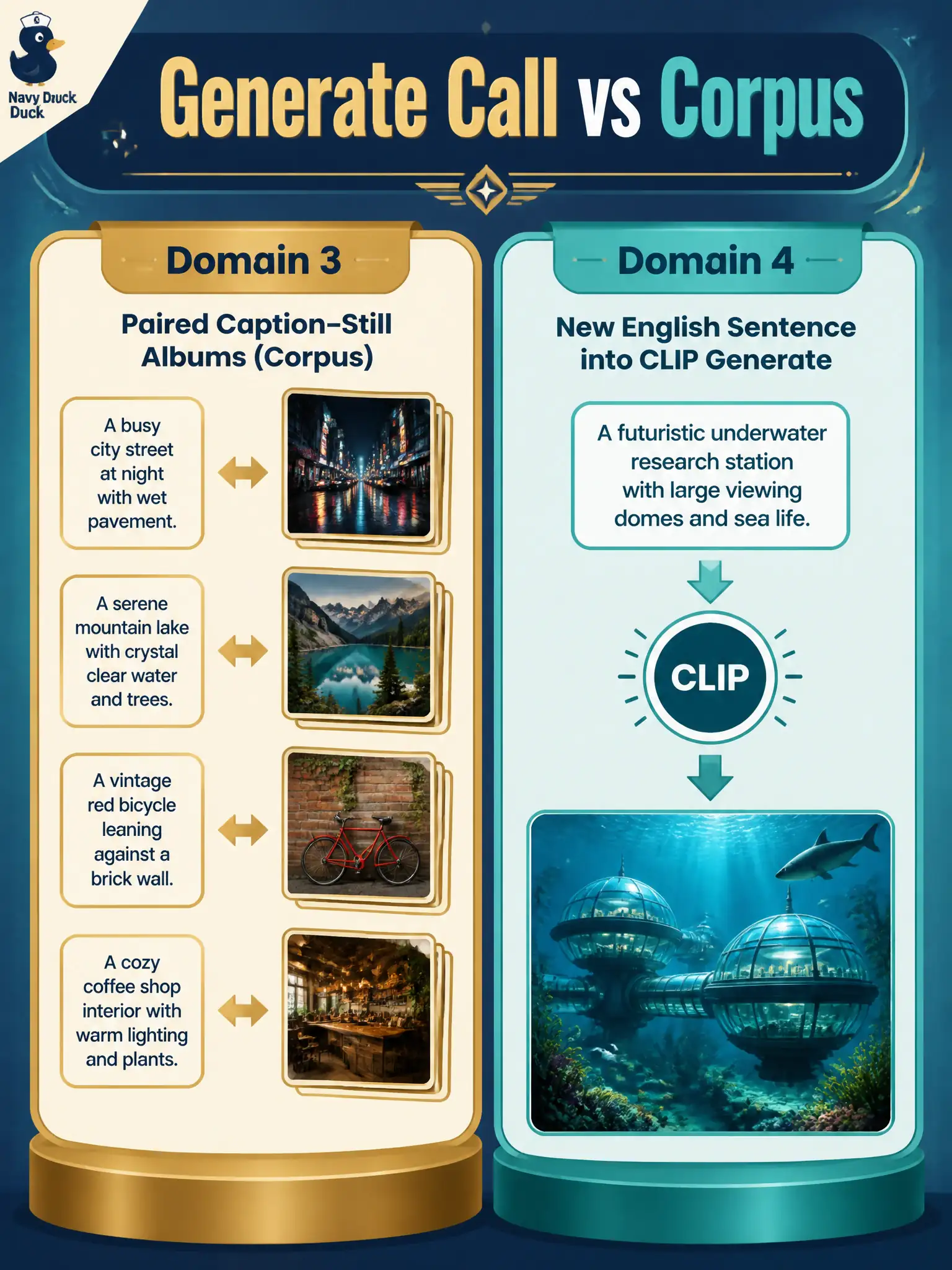 To Create an exciting colorful infographic that explains the concepts in the question: Question: A cymbal-smith already paired English lines with shop stills for training. Today they call the generator from a brand-new sentence. How should that call be classified? Correct Answer: As Domain 4 implementation: running the CLIP generate path on a prompt. Put EVERY visible label in double quotes. No people. No A/B/C/D letters. In one of the four corners put a little "Navy Duck".
