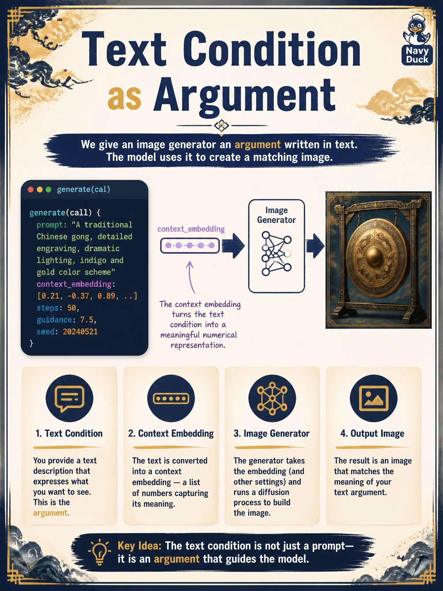 To Create an exciting colorful infographic that explains the concepts in the question: Question: A gong shop’s generate function must receive the text condition so the still matches the English line. At Domain 4 depth, what does the developer implement? Correct Answer: Passing a context embedding or text condition as an argument into the generate call. Put EVERY visible label in double quotes. No people. No A/B/C/D letters. In one of the four corners put a little "Navy Duck".
