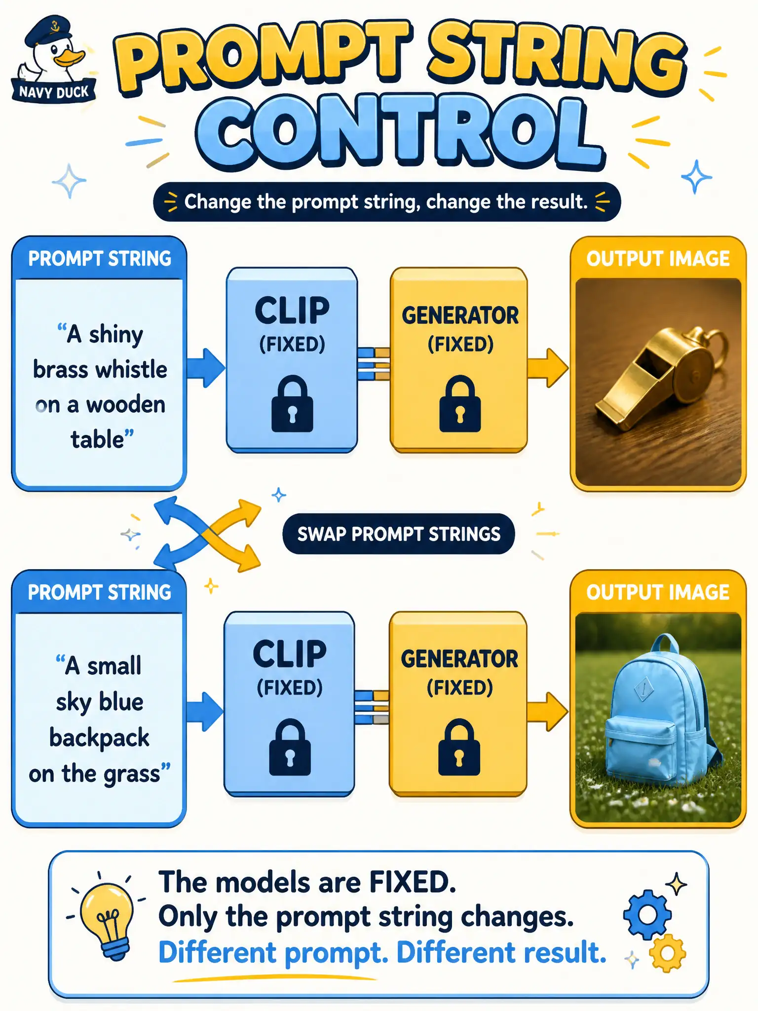To Create an exciting colorful infographic that explains the concepts in the question: Question: A whistle-works demo keeps the same loaded CLIP and generator modules and only swaps the English string before rerunning. What kind of change is that? Correct Answer: An implementation control: change the prompt input while modules stay fixed. Put EVERY visible label in double quotes. No people. No A/B/C/D letters. In one of the four corners put a little "Navy Duck".